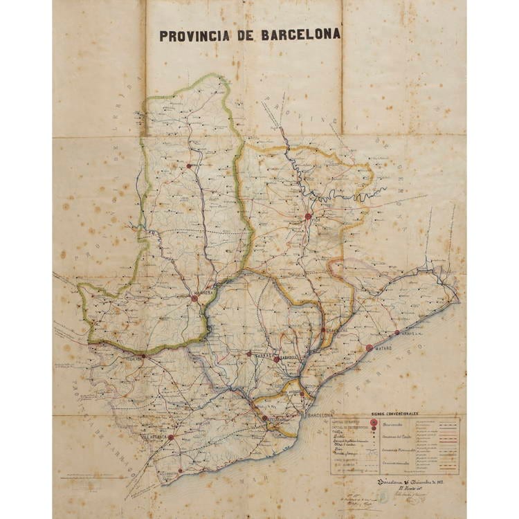 Mapa de la província de Barcelona referent a la divisió judicial, 26 de desembre de 1872. Autoria: Pau Jambrú i Ildefons Cerdà (arquitectes). Fons: Diputació de Barcelona. (CAT AGDB R. 2601)