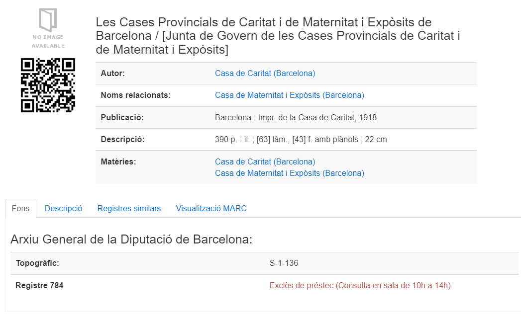 Fitxa bibliogràfica del llibre sobre la Casa de Caritat i la Casa de Maternitat