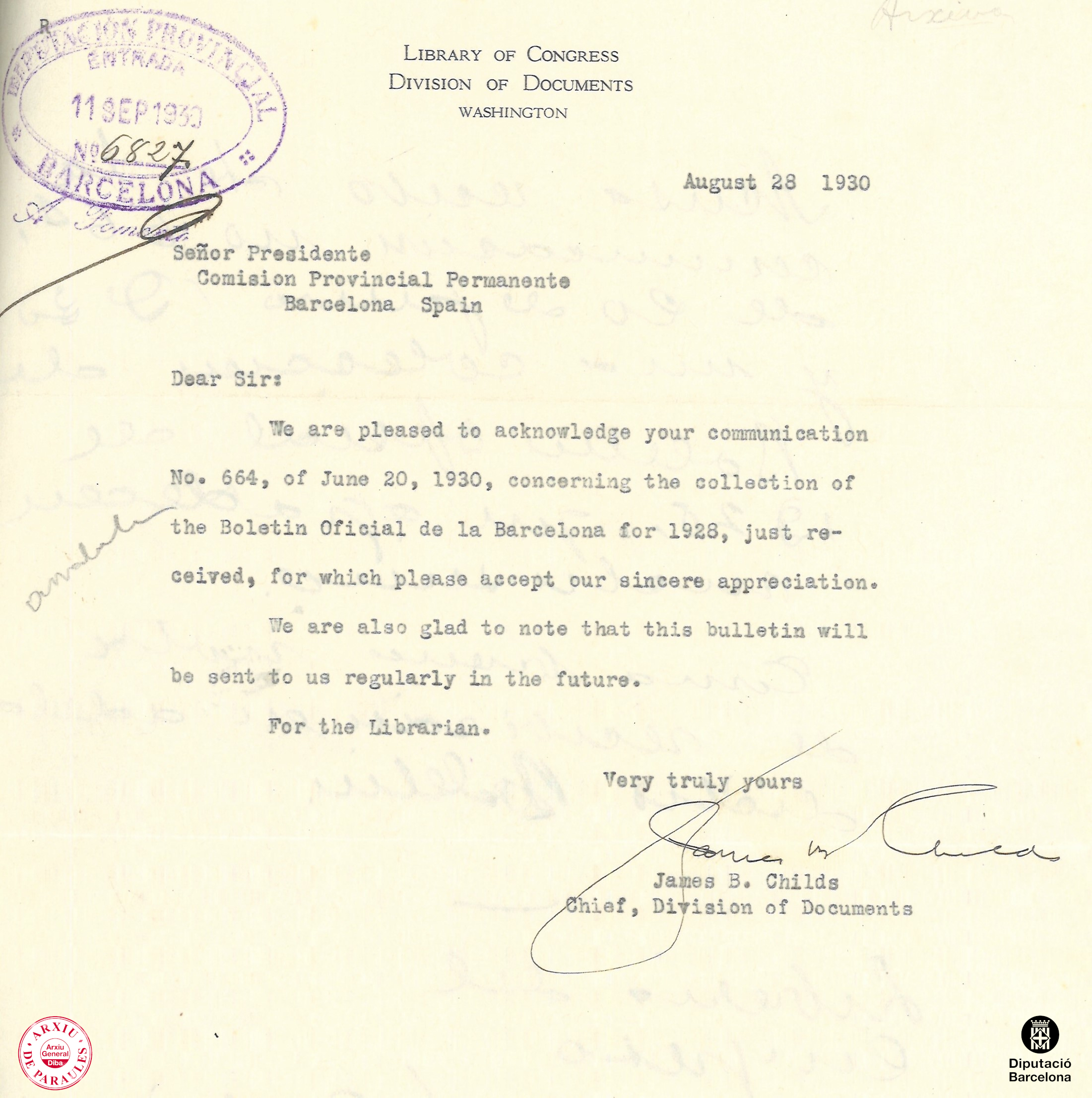 Document que mostra la concessió del BOP a la Library of Congress dels Estats Units