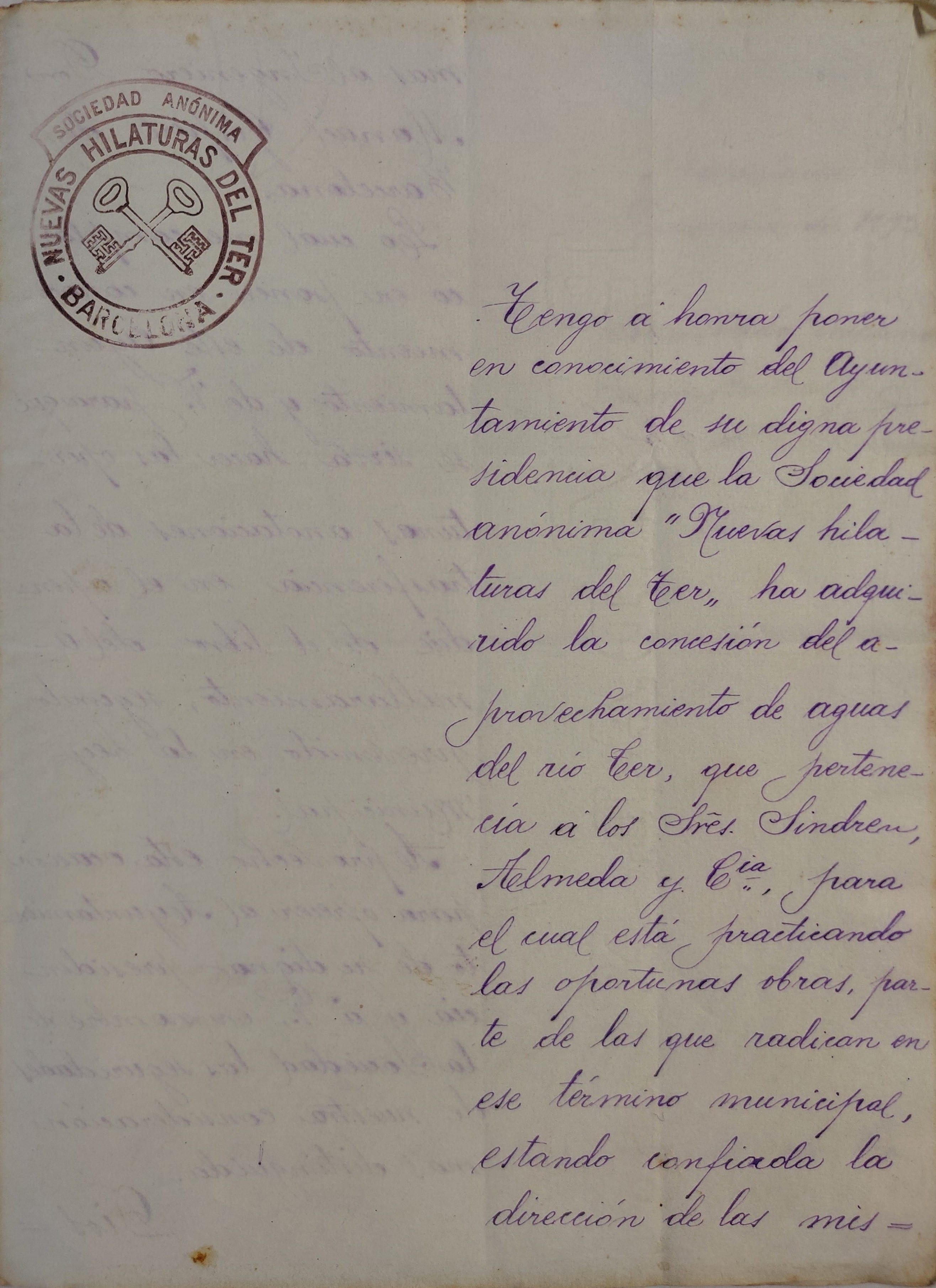 imatge Carta anunciant l'adquisició del dret d'aprofitament del salt d'aigua als propietaris de la colònia Vila-seca per part de la societat escocesa Nuevas Hilaturas del Ter, S.A., 1893, Sant Vicenç de Torelló. Arxiu Municipal de Sant Vicenç de Torelló.