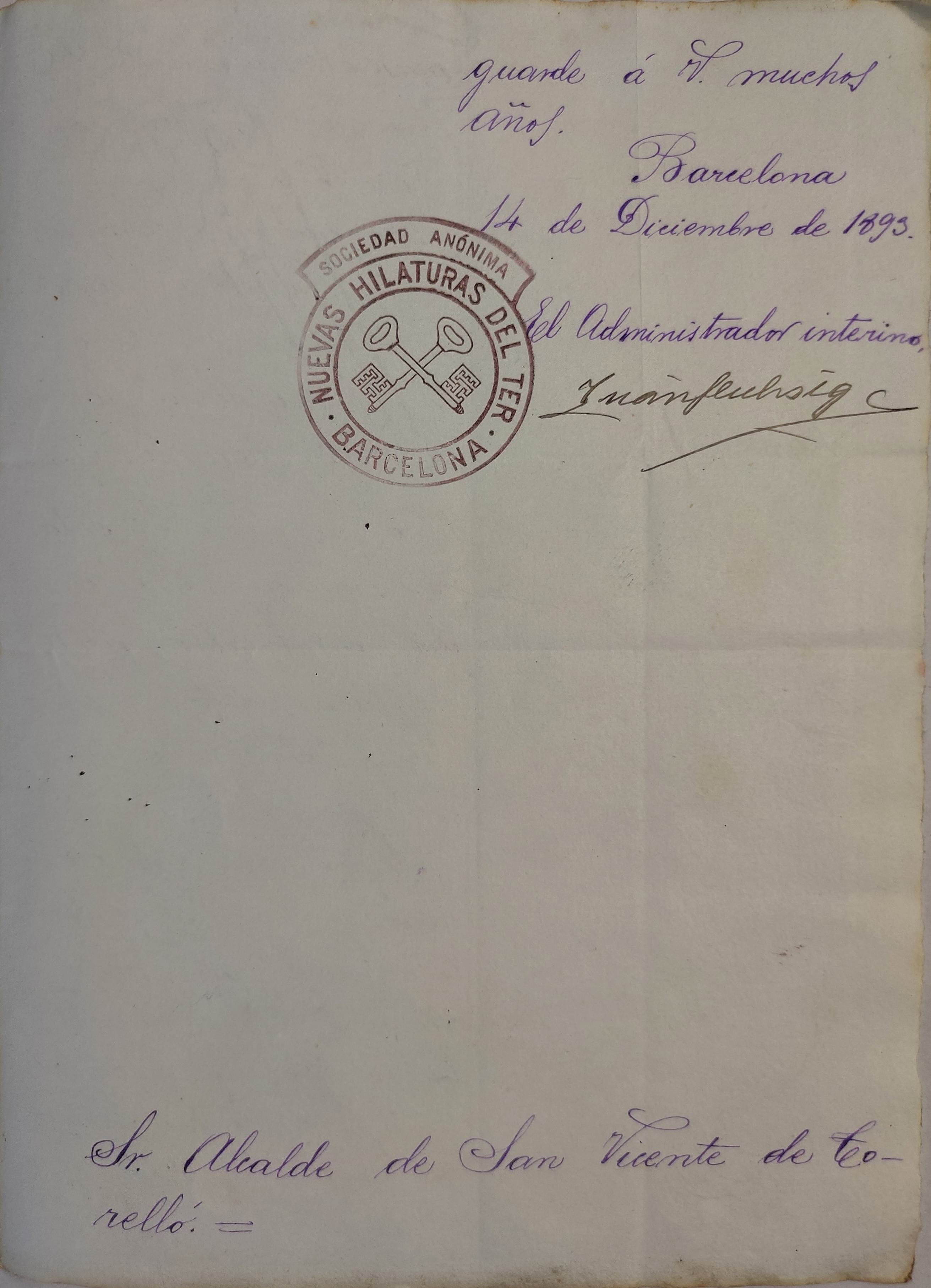 imatge Carta anunciant l'adquisició del dret d'aprofitament del salt d'aigua als propietaris de la colònia Vila-seca per part de la societat escocesa Nuevas Hilaturas del Ter, S.A., 1893, Sant Vicenç de Torelló. Arxiu Municipal de Sant Vicenç de Torelló.