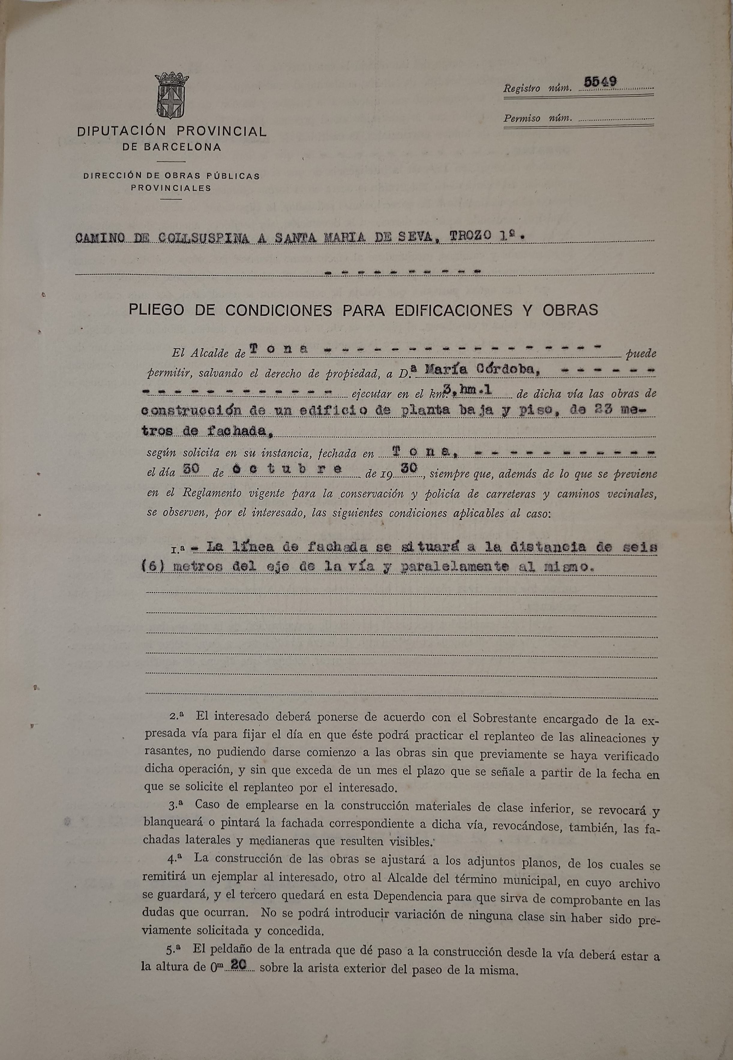 imatge Llicència d'obres particulars de la fàbrica de cadires, 1931, Tona. Arxiu Municipal de Tona.