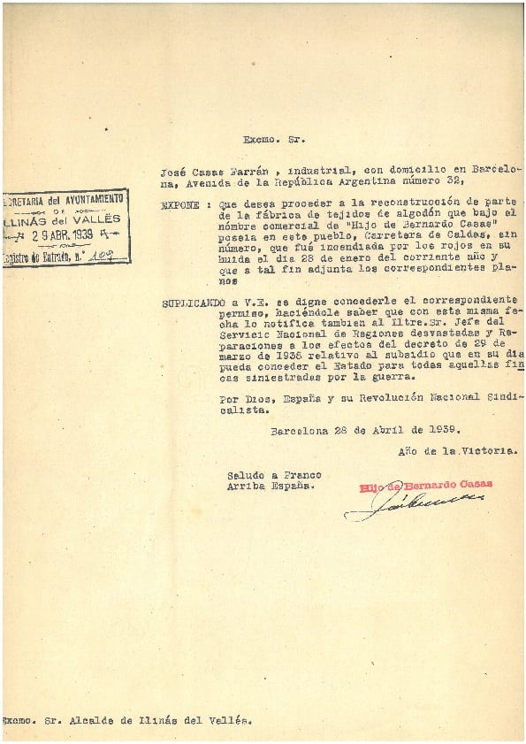 imatge Instància per ajudar a la reconstrucció de Can Casas, 1939, Llinars del Vallès. Arxiu Municipal de Llinars del Vallès.