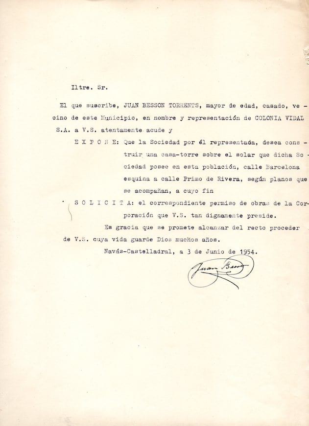 imatge Instància per poder construir una casa torre per la colònia Vidal, 1954, Navàs. Arxiu Municipal de Navàs.