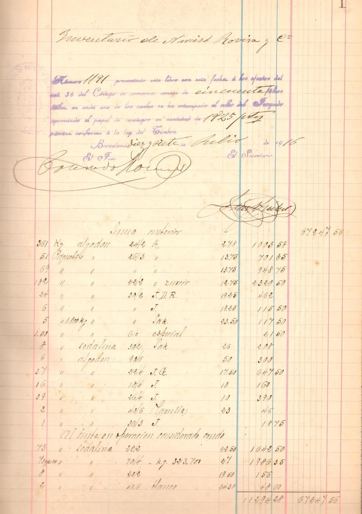 imatge Inventari de l'empresa Narcís Rovira, 1916, Barcelona. Fons de Cal Jover, Arxiu Municipal de Súria.