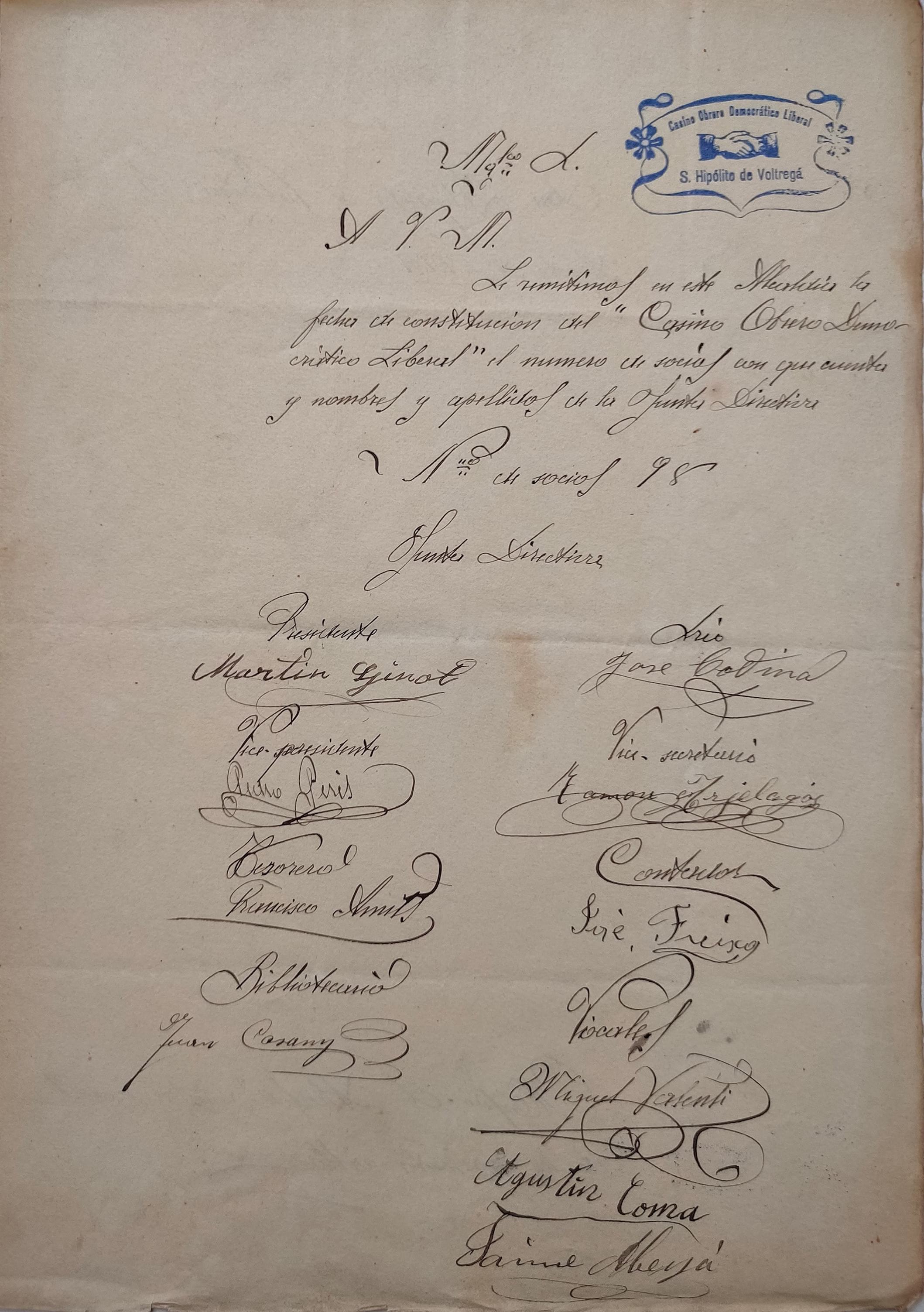 imatge Comunicat de socis i formació de membres de la Junta del Casino Obrero Democratico Liberal, 1913, Sant Hipòlit de Voltregà. Arxiu Municipal de Sant Hipòlit de Voltregà.