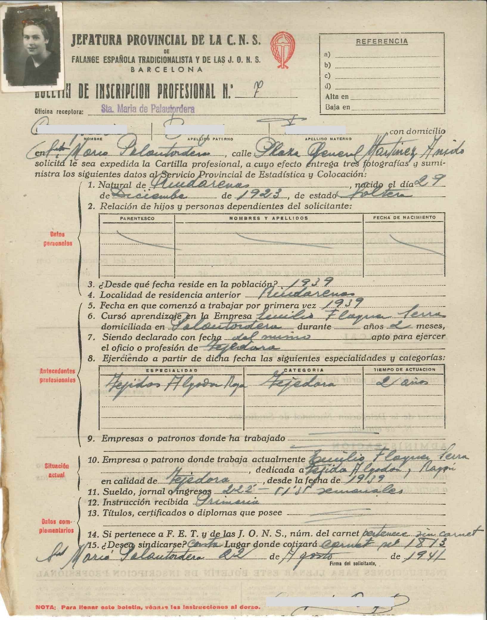 imatge Sol·licitud de filiació al Sindicat local textil, 1941, Santa Maria de Palautordera. Arxiu Municipal de Santa Maria de Palautordera.