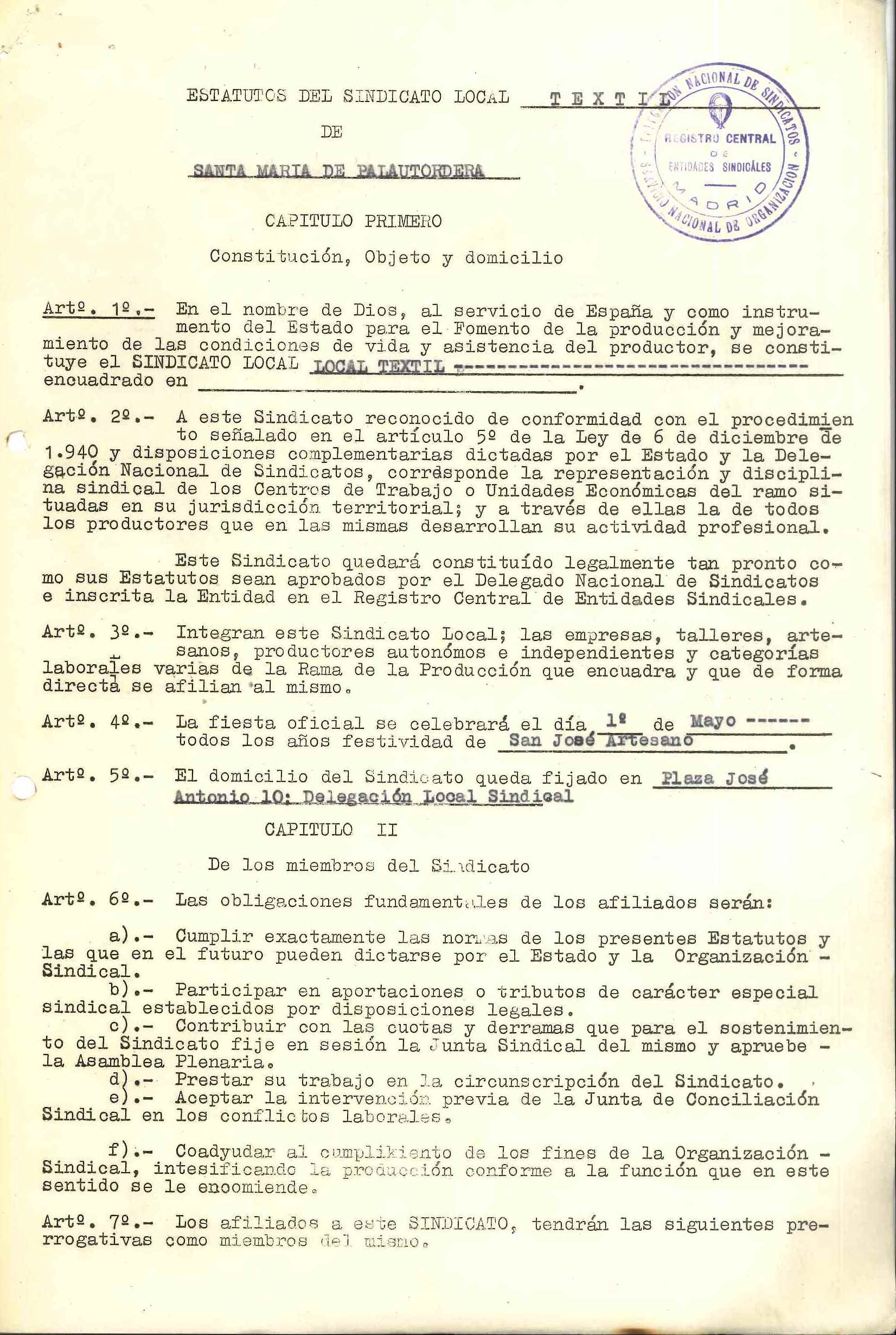 imatge Primera pàgina dels Estatuts del Sindicat local del tèxtil, 1964, Santa Maria de Palautordera. Arxiu Municipal de Santa Maria de Palautordera.