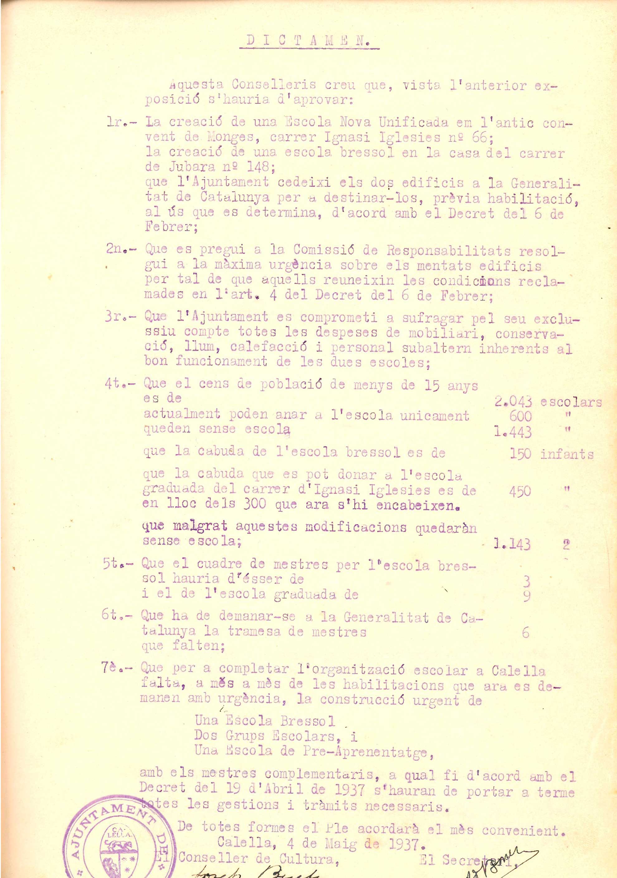 imatge Dictamen sobre la situació escolar, 1937.