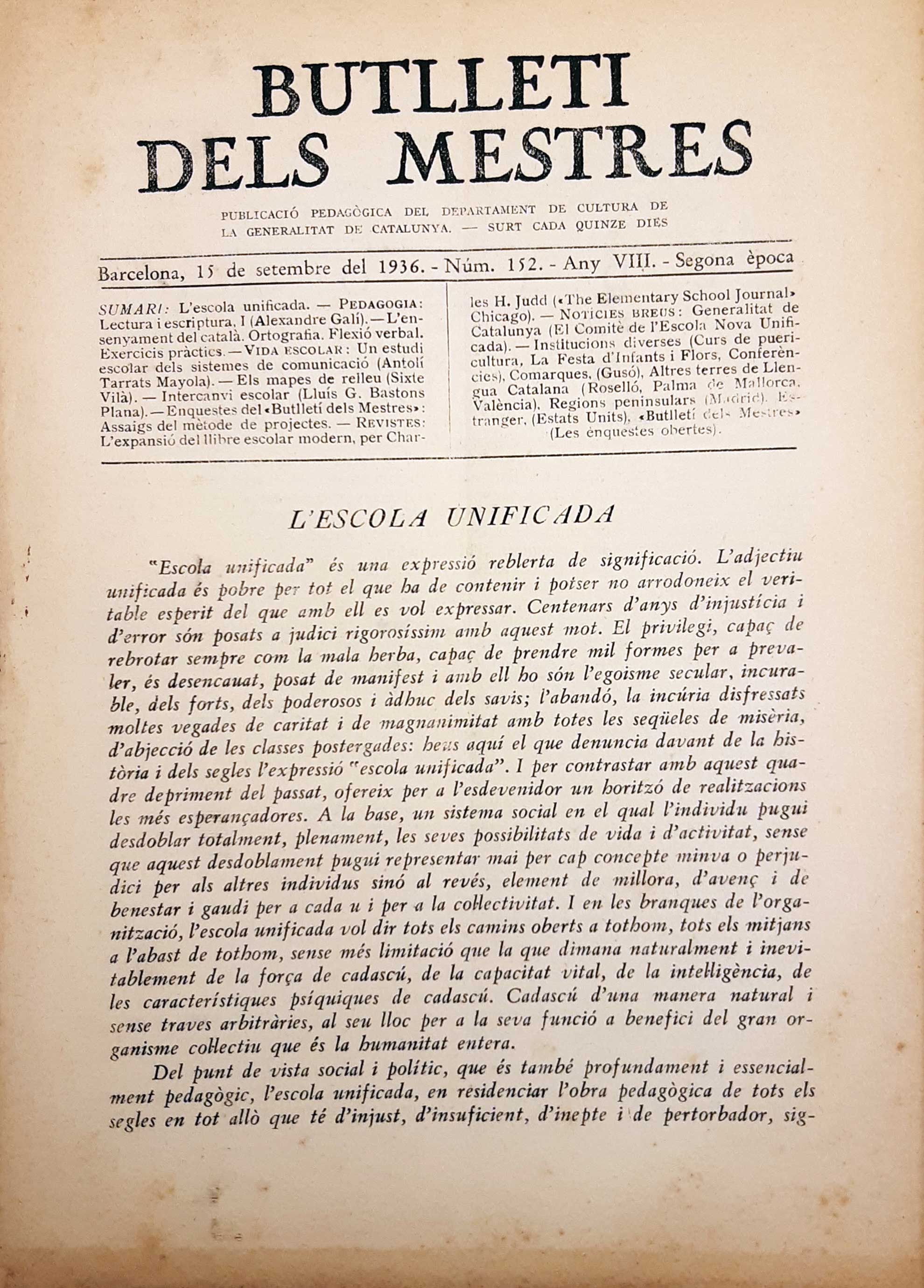 imatge Butlletí dels Mestres, 15 de setembre de 1936.