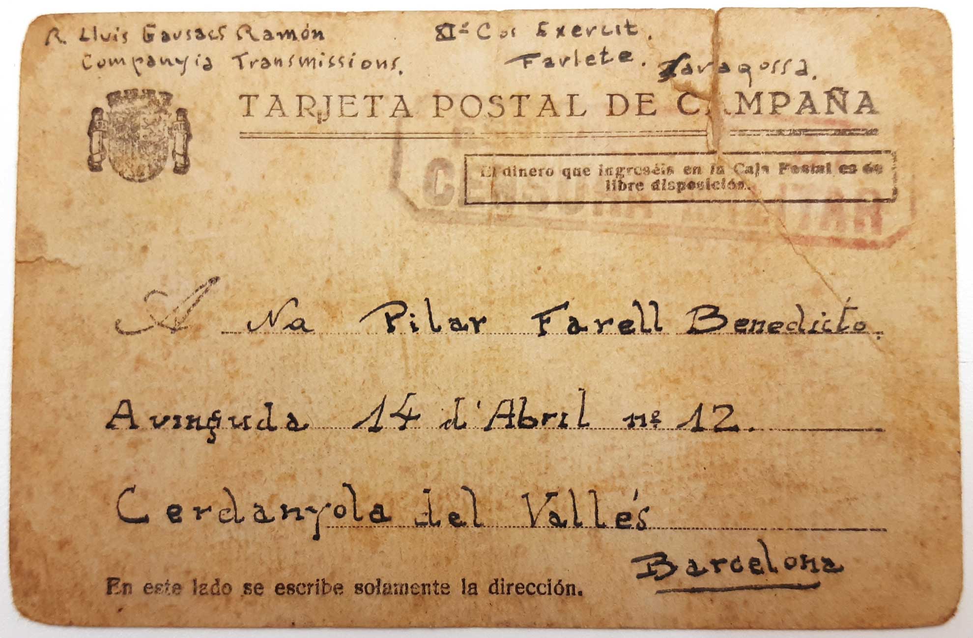 imatge Targeta de campanya escrita per Lluís Gausachs a Pilar Farell, l'any 1937.