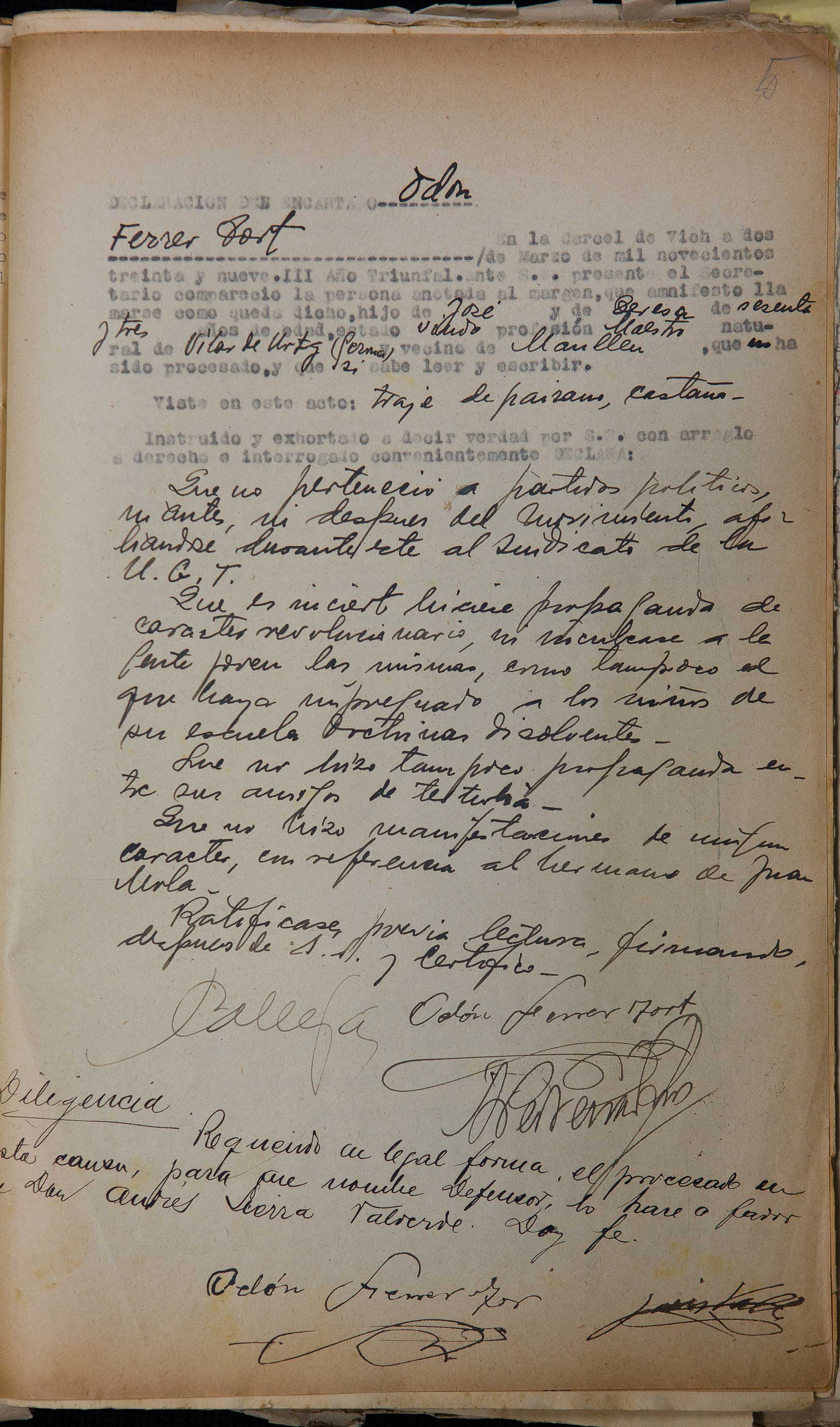 imatge Declaració indagatòria d’Ot Ferrer en la fase d’instrucció del sumari, l'any 1939.