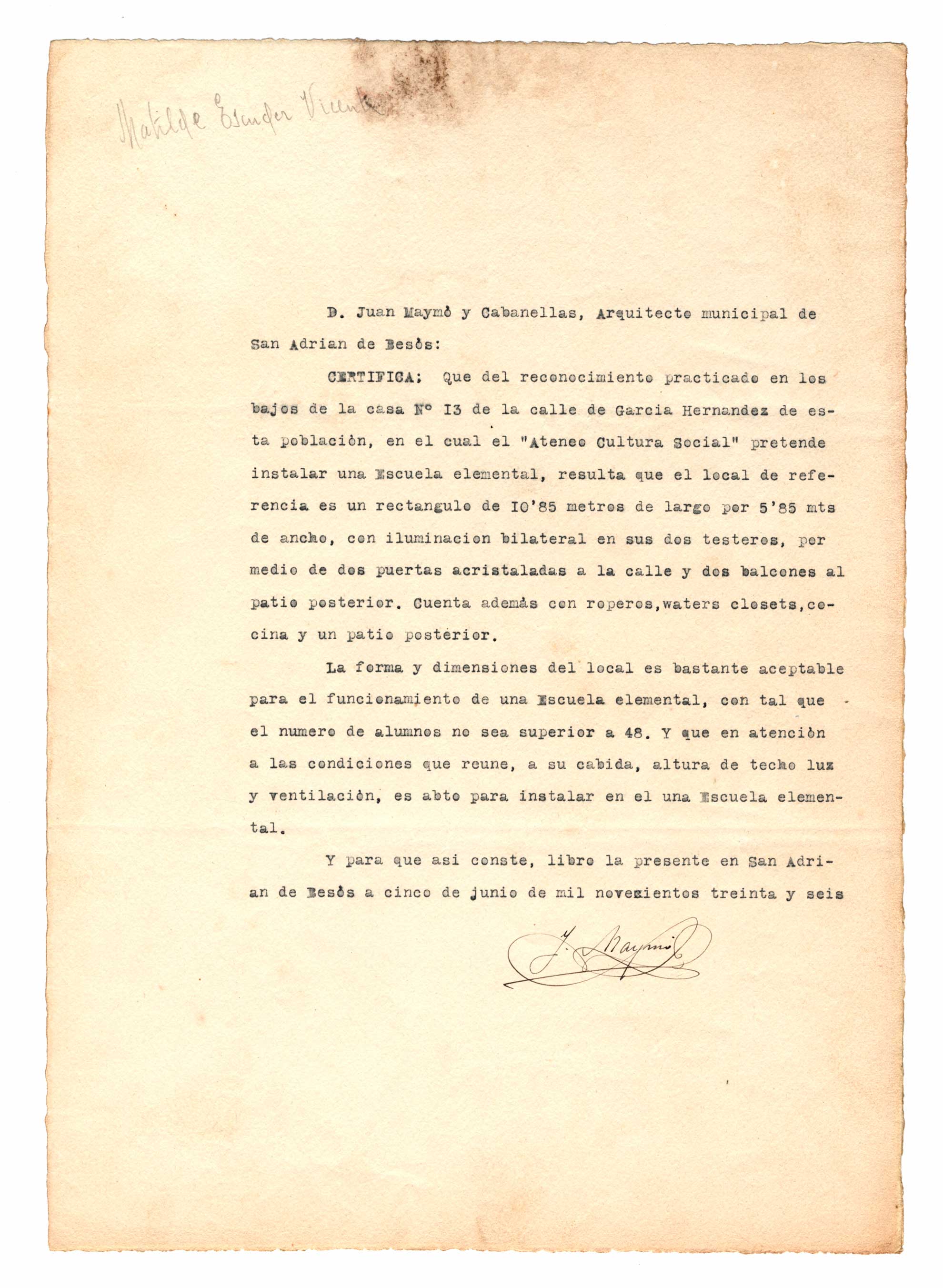 imatge Certificat de l’arquitecte municipal Joan Maymó i Cabanellas sobre el local de l’escola de l’Ateneo de Cultura Social.