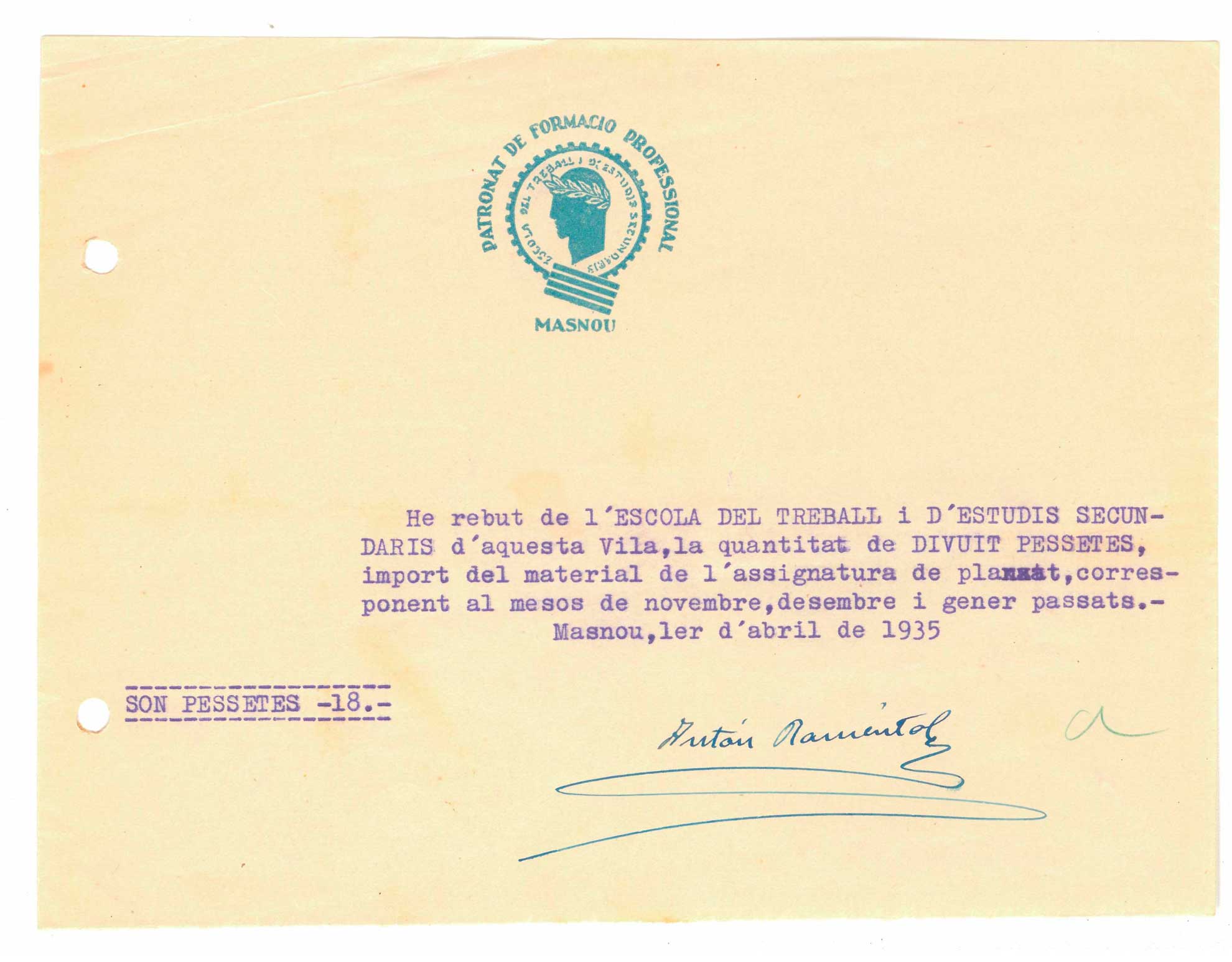 imatge Rebut de l'Escola del Treball i d'Estudis Secundaris per compra de material a Anton Ramèntol, 1 d’abril de 1935.