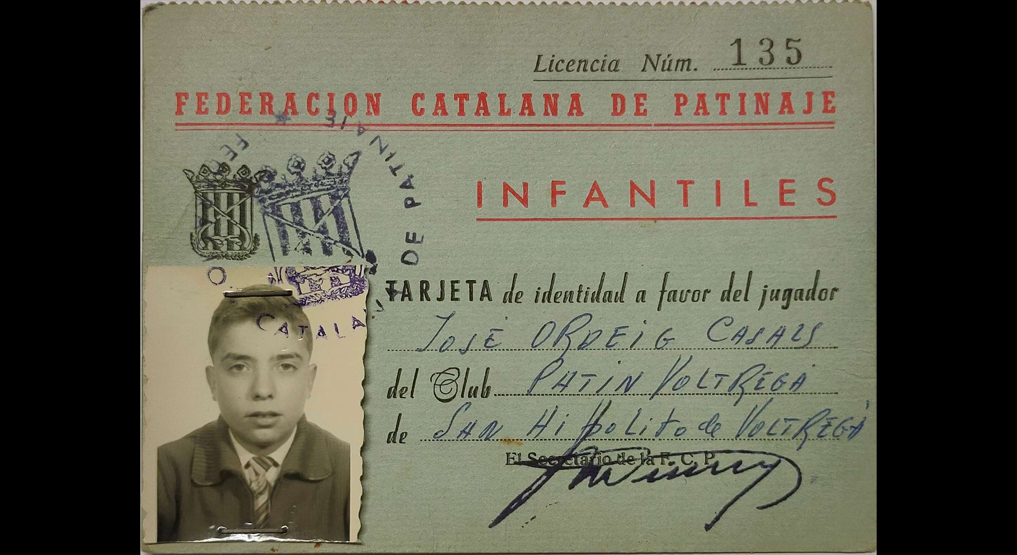 imatge Fitxa federativa de la Federació Catalana de Patinatge de Catxo Ordeig de la temporada 1962-1963, 1962, Sant Hipòlit de Voltregà. Arxiu Municipal de Sant Hipòlit de Voltregà.