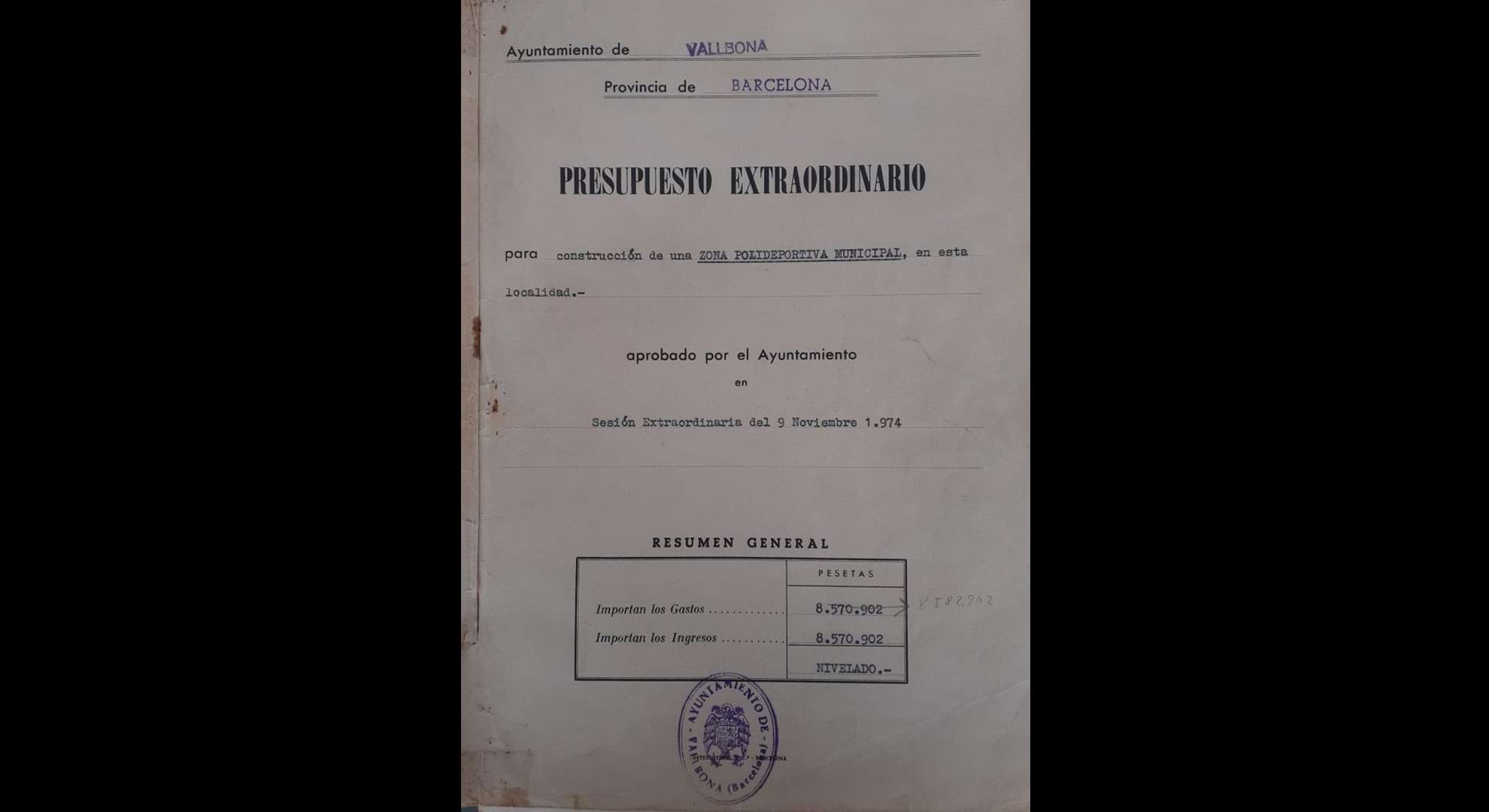imatge Pressupost extraordinari per la construcció de la zona poliesportiva municipal, 1974, Vallbona d'Anoia. Arxiu Municipal de Vallbona d'Anoia.