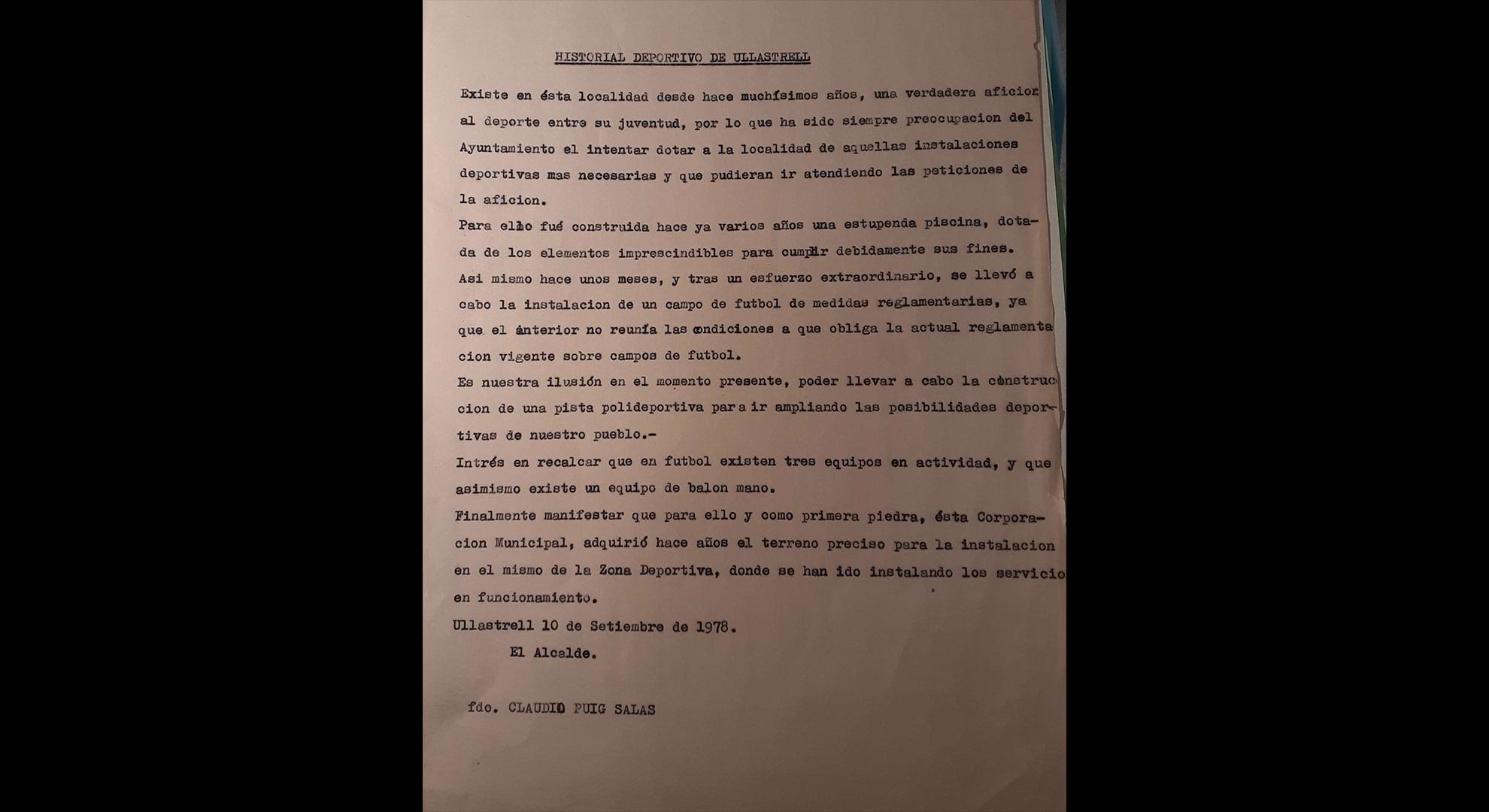 imatge Justificació de demanda subvenció pel projecte de construcció de la pista poliesportiva, 1978, Ullastrell. Arxiu Municipal d'Ullastrell.