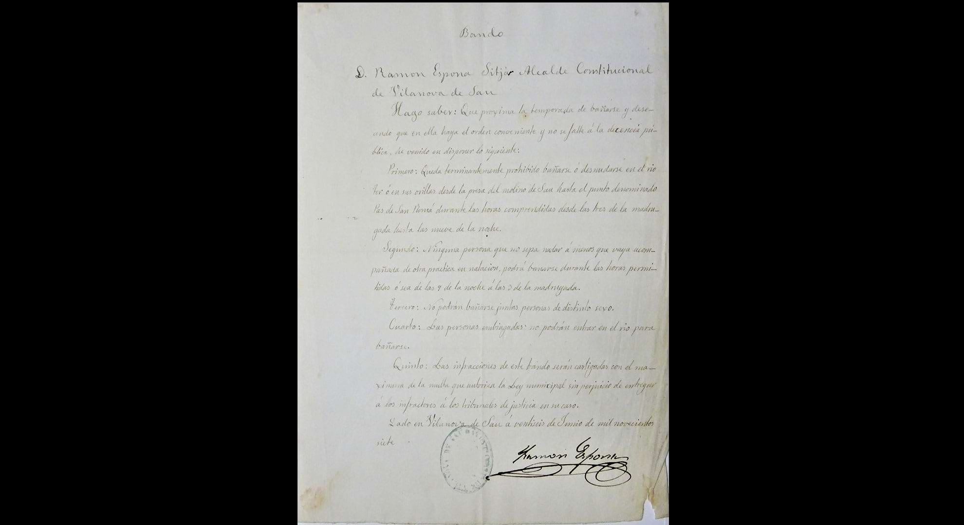 imatge Ban prohibint entre altres coses banyar-se al Ter si no se sap nadar o no es va acompanyat d'expert en natació, 1907, Vilanova de Sau. Arxiu Municipal de Vilanova de Sau.