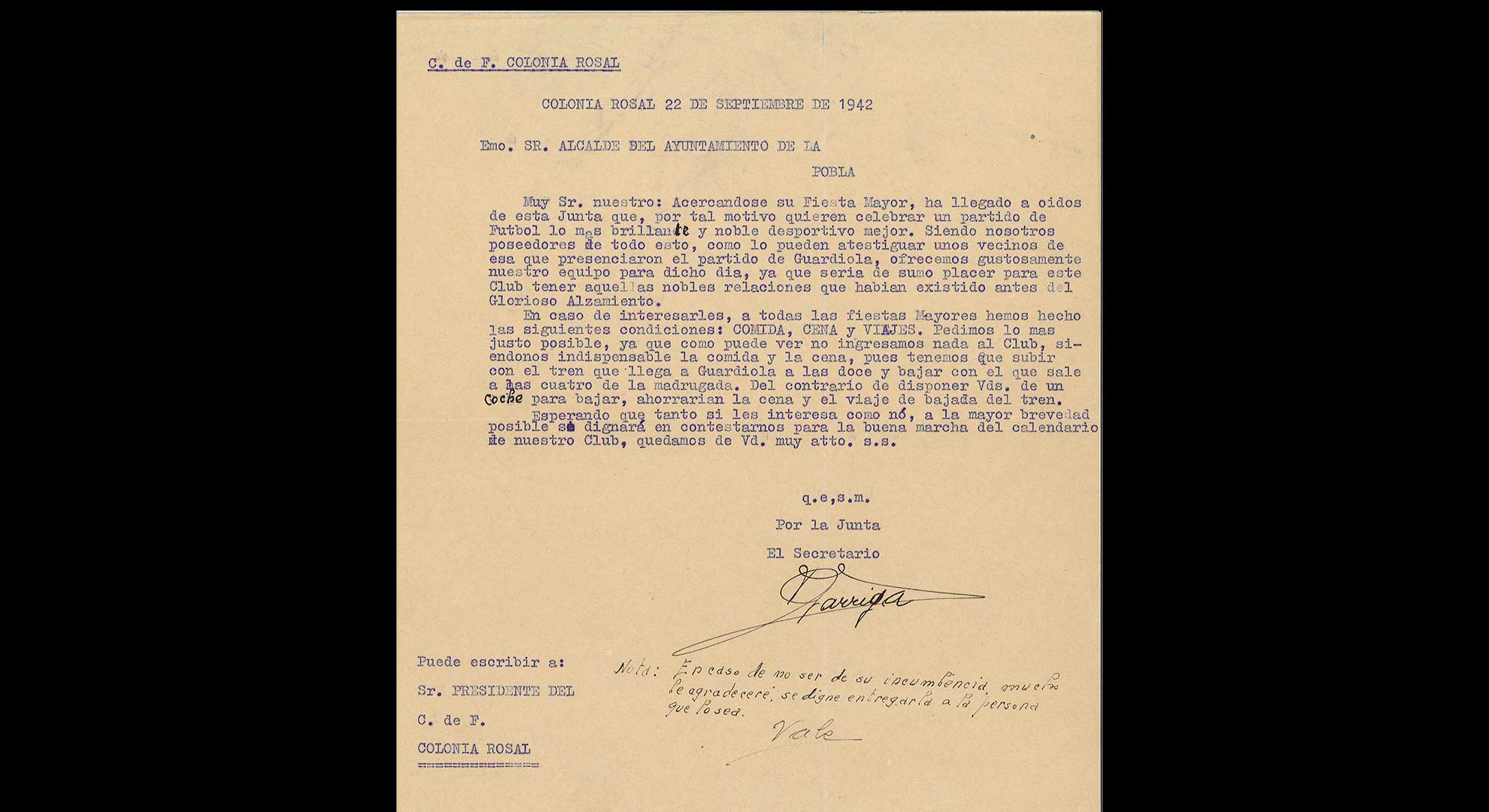 imatge Carta del C. F. Colònia Rosal oferint-se per un partit de futbol, 1942, La Pobla de Lillet. Arxiu Municipal de La Pobla de Lillet.