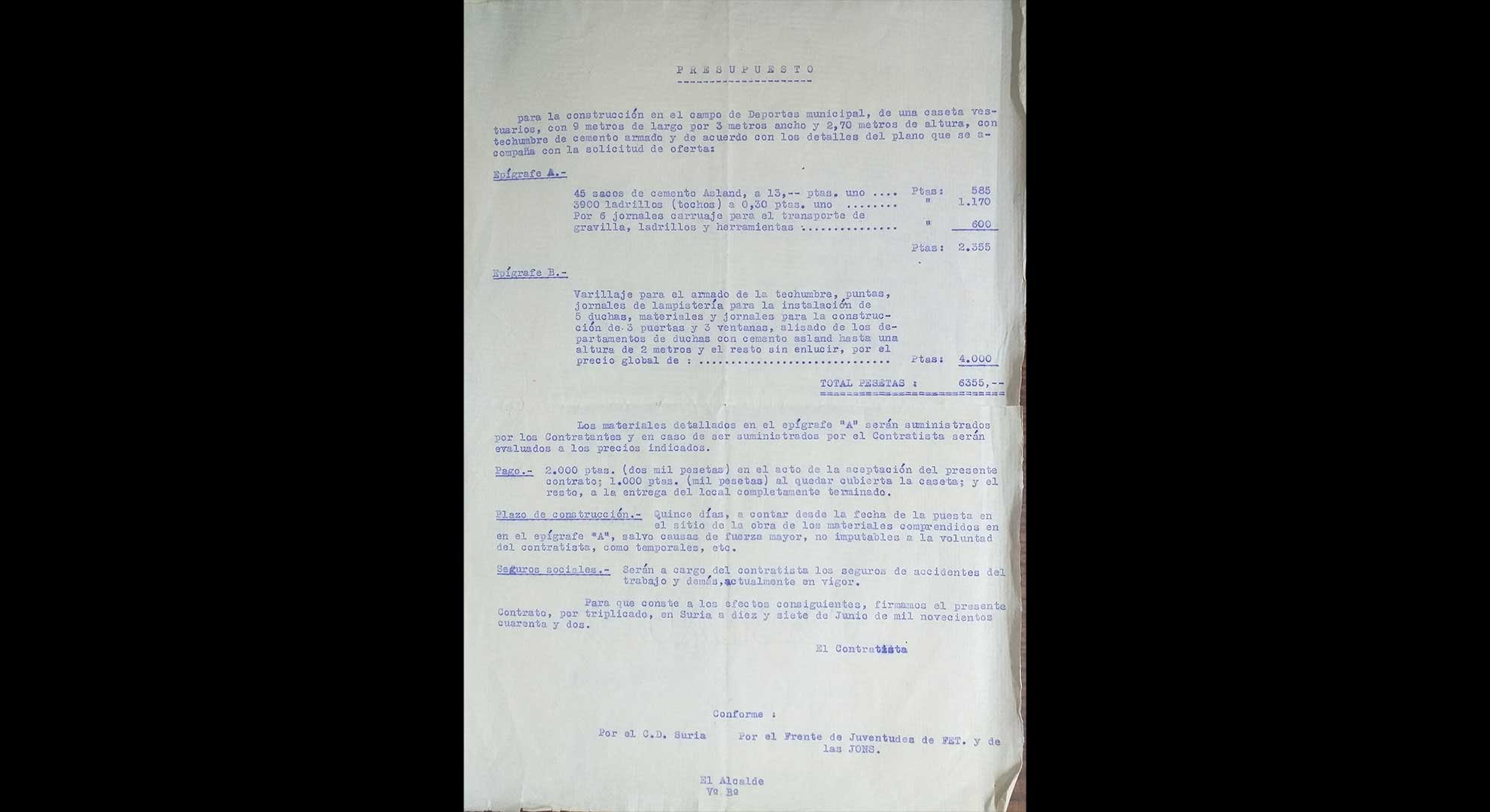 imatge Pressupost camp d'esports, 1942, Súria. Arxiu Municipal de Súria.