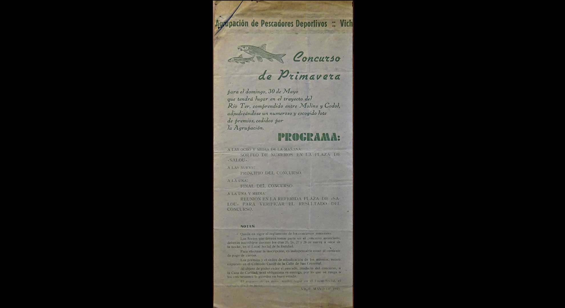 imatge Programa del concurs de pesca de primavera organitzat per l'Agrupació de Pescadors Esportius de Vic, 1943, Roda de Ter. Arxiu Municipal de Roda de Ter.