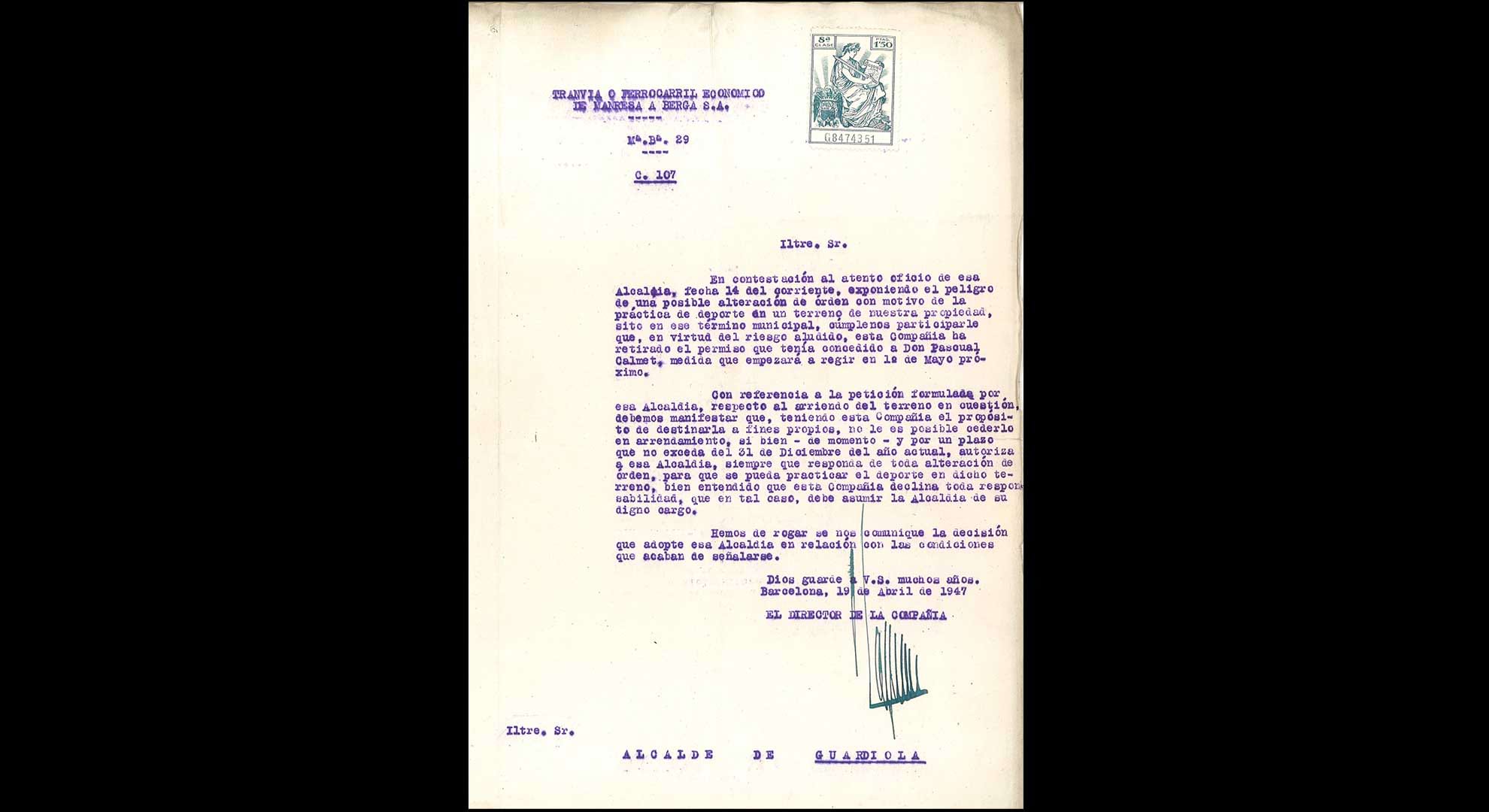 imatge Comunicació sobre pressumptes problemes generats d'un partit de futbol, 1947, Guardiola de Berguedà. Arxiu Municipal de Guardiola de Berguedà.
