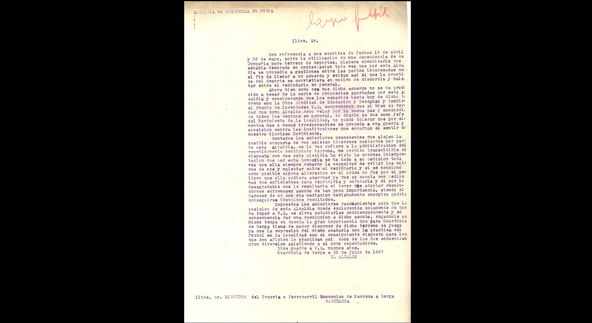 imatge Comunicació sobre pressumptes problemes generats d'un partit de futbol, 1947, Guardiola de Berguedà. Arxiu Municipal de Guardiola de Berguedà.