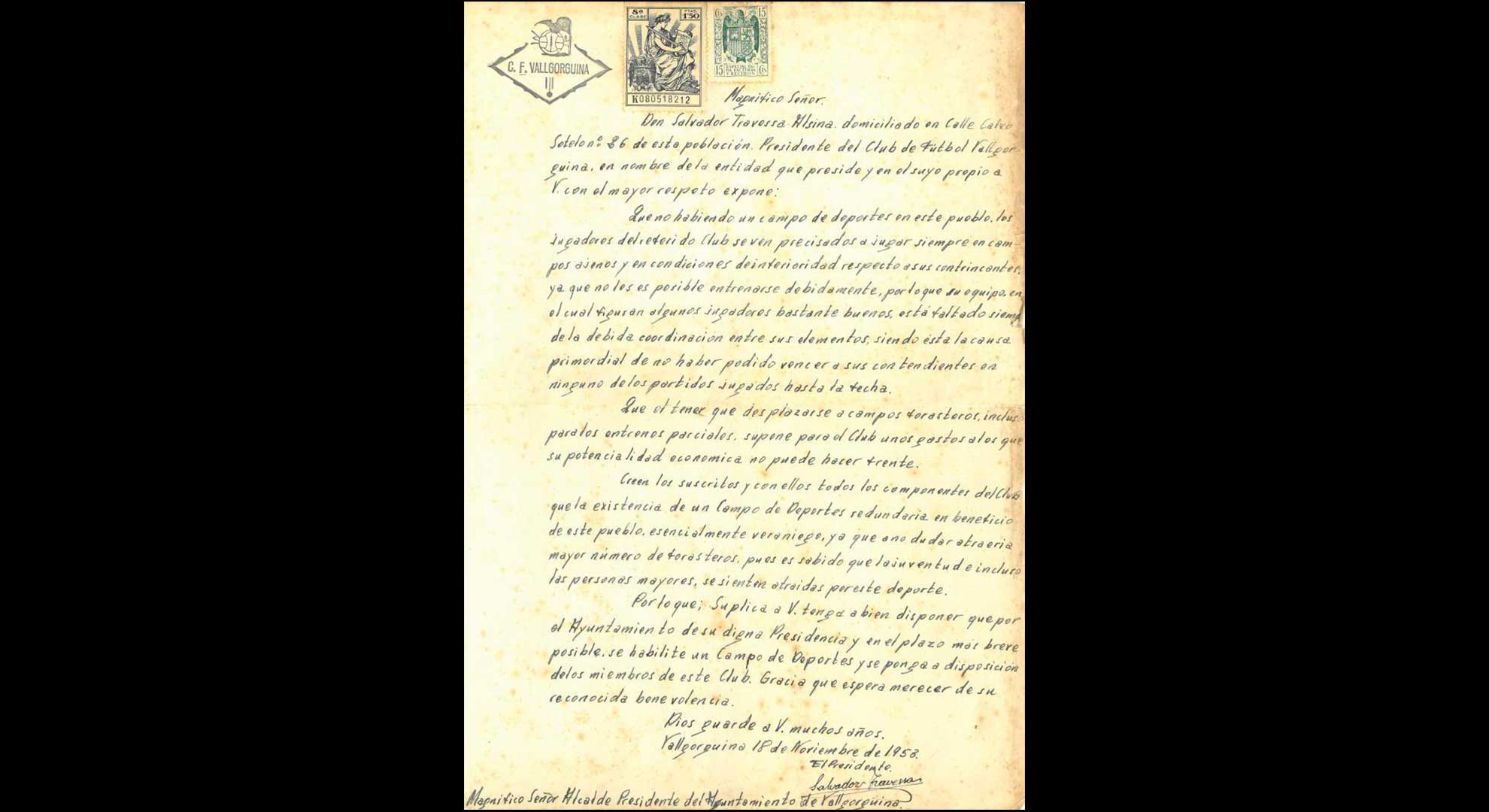 imatge Sol·licitud del president del Club de Futbol Vallgorguina d'un camp d'esports per poder-ne fer ús, 1953, Vallgorguina. Arxiu Municipal de Vallgorguina.