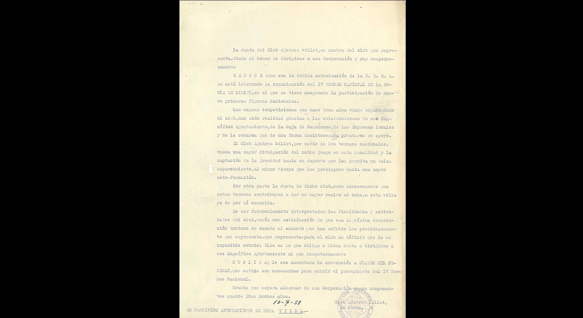 imatge Petició subvenció Club Escacs Lillet, 1958, La Pobla de Lillet. Arxiu Municipal de La Pobla de Lillet.