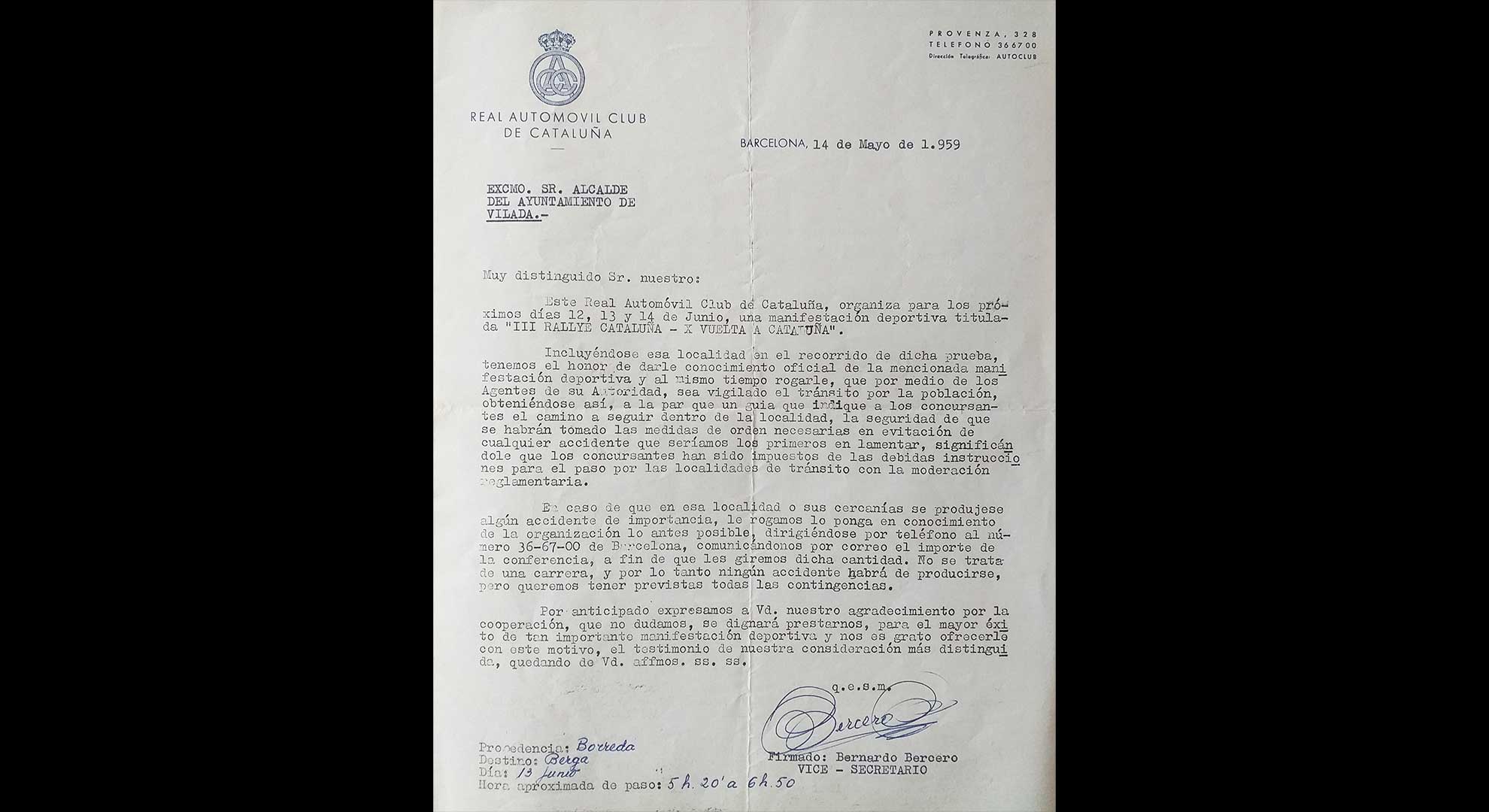 imatge Comunicació III Rallye Cataluña, 1959, Vilada. Arxiu Municipal de Vilada.