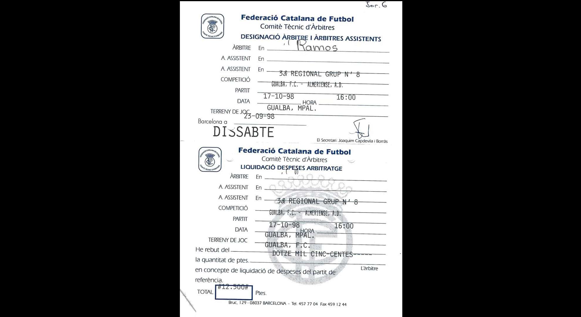 imatge Designació àrbitre partit entre Gualba F.C. i Almeriense A.D. i liquidació de despeses d'arbitratge, 1998, Gualba. Fons Club de Futbol Gualba, Arxiu Municipal de Gualba.