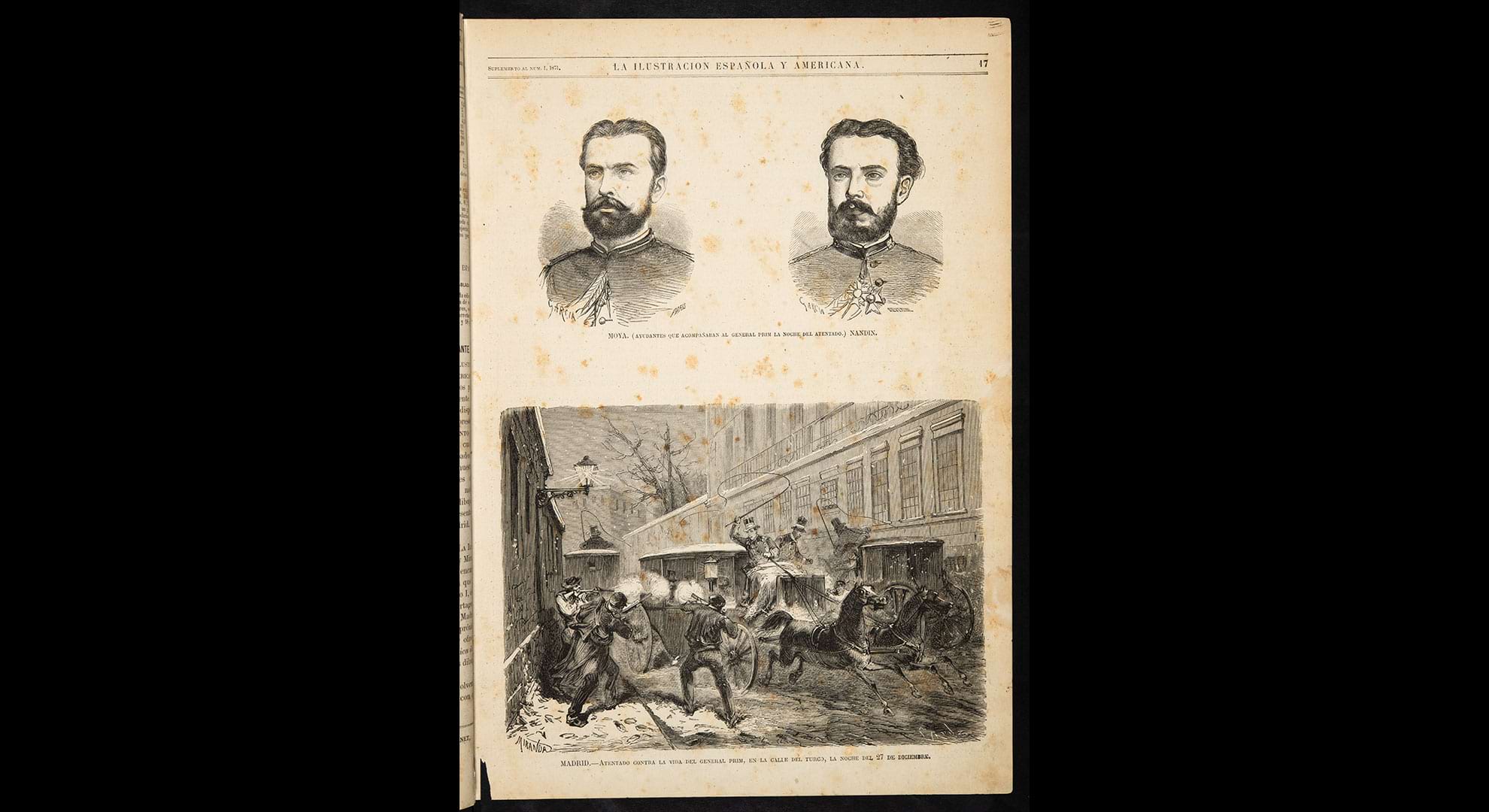imatge El general Joan Prim, president del Consell de Ministres, moria arran de l’atemptat sofert el 27 de desembre de 1870. Gravat publicat a La Ilustración Española y Americana el 5 de gener de 1871. Biblioteca de Catalunya