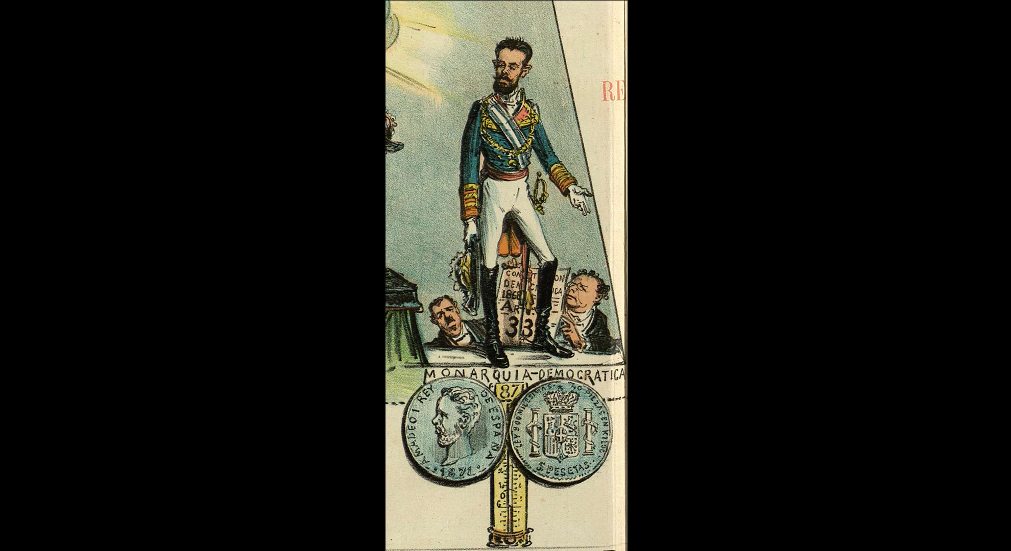 imatge El rei Amadeu I va tenir un regnat molt curt. A la imatge, amb Manuel Ruiz y Zorrilla i Cristino Martos Balbi. A baix, la nova moneda espanyola de 5 pessetes. Dibuix de Tomàs Padró. La Madeja, 14 de març de 1875. Biblioteca de Catalunya