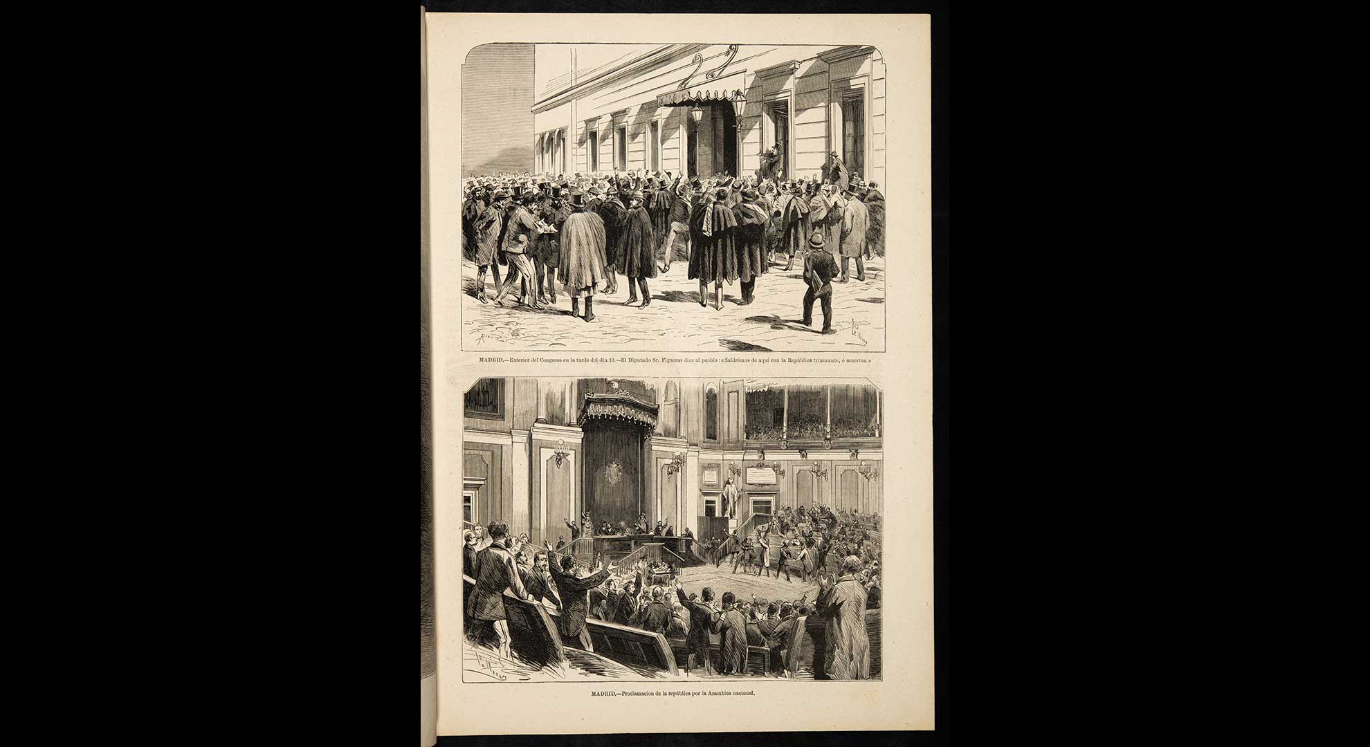 imatge Proclamació de la República a l’Assemblea Nacional, a Madrid, l’11 de febrer de 1873. Gravat publicat a La Ilustración Española y Americana el 16 de febrer de 1873. Biblioteca de Catalunya