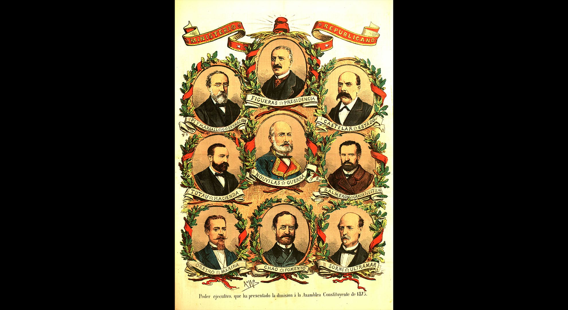 imatge Primer Consell de Ministres de la República, presidit per Estanislau Figueras. La Flaca, 10 de juny de 1873. Biblioteca de Catalunya