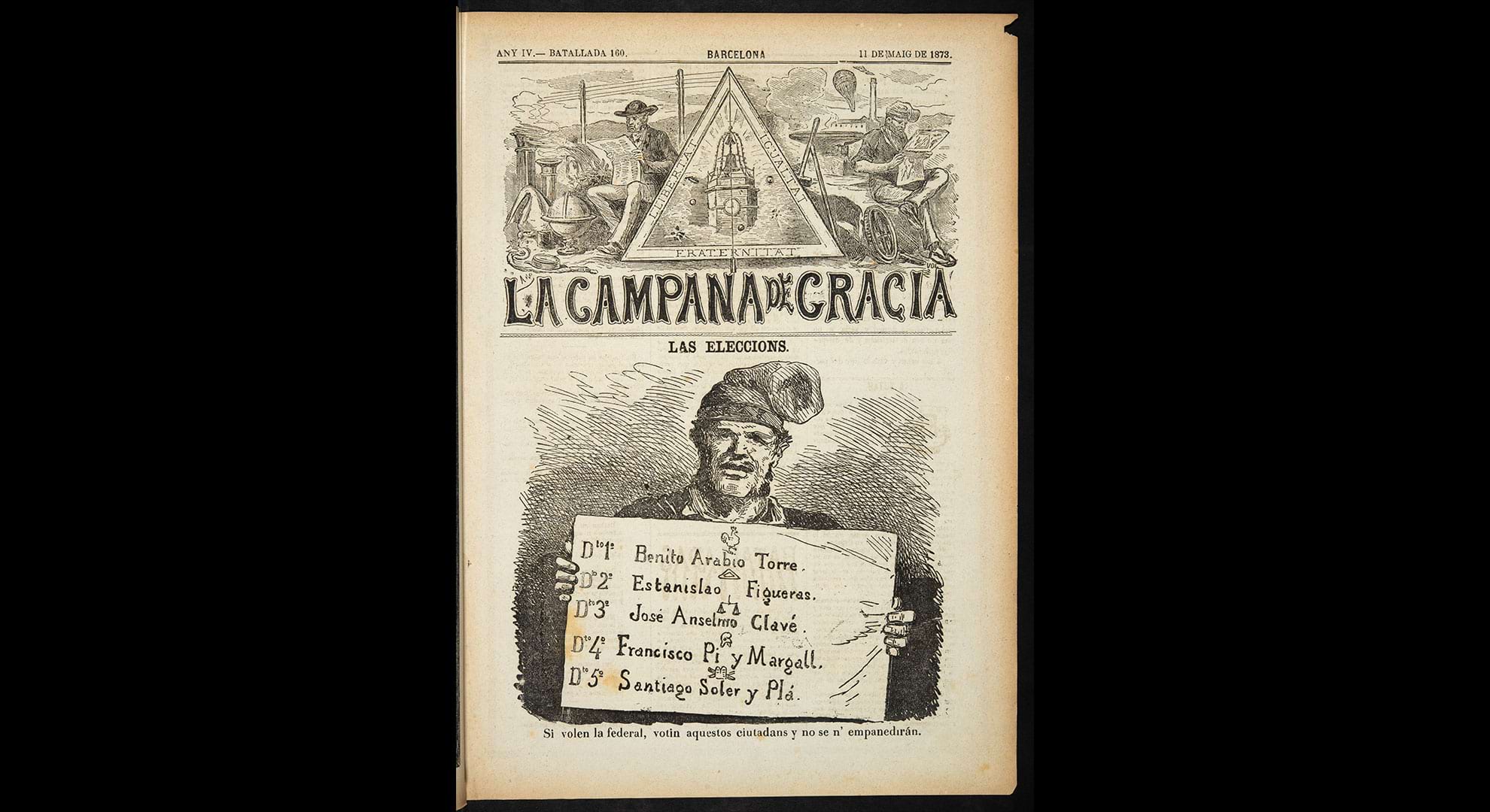 imatge Candidatura Republicana-Federal a Barcelona, a les eleccions de l’11 de maig de 1873. Gravat publicat a La Campana de Gràcia l’11 de maig de 1873. Biblioteca de Catalunya
