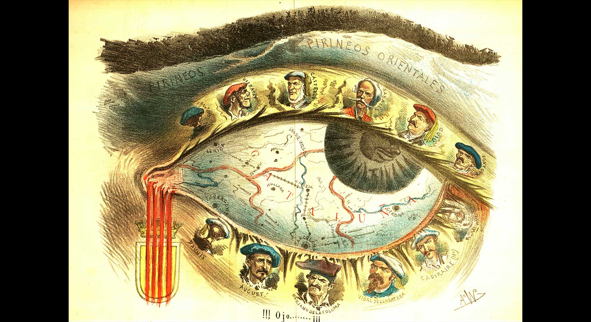 imatge Principals comandaments militars carlins a Catalunya. Il·lustració publicada a La Flaca el 6 de febrer de 1873. Biblioteca de Catalunya