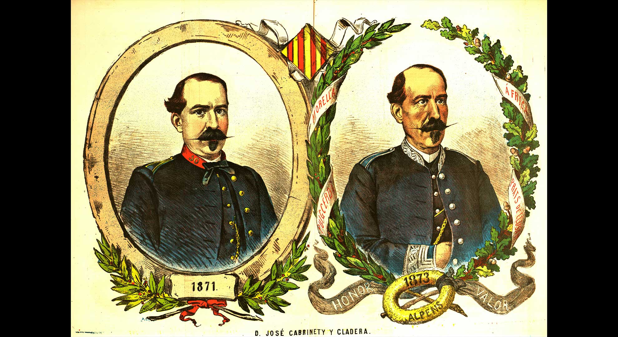 imatge José Cabrinetty i de Cladera, destacada figura de l’exèrcit liberal. Va ser l’alliberador de Puigcerdà després del setge carlí, el 10 i l’11 d’abril de 1873. Morí a la batalla d’Alpens contra els carlins el 12 de juny de 1873. La Flaca, 31 de juliol de 1873. Biblioteca de Catalunya