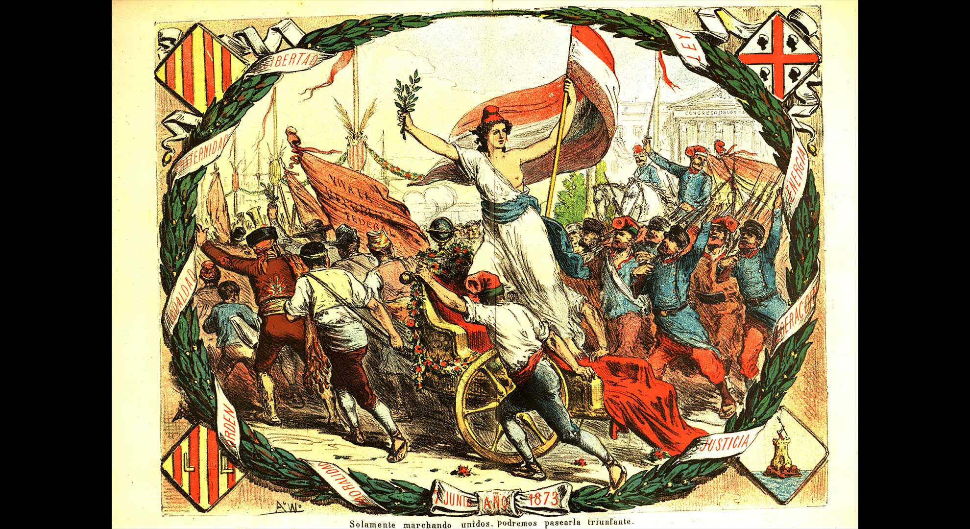 imatge Il·lustració on es mostren les masses a favor de la República federal. És una de les primeres representacions gràfiques d’una bandera tricolor, que no va ser mai l’oficial de la Primera República Espanyola (va continuar sent la rojigualda). La Flaca, 2 de juliol de 1873. Biblioteca de Catalunya. A Barcelona, tenim constància que es va enarborar una bandera tricolor amb els colors blau, blanc i vermell