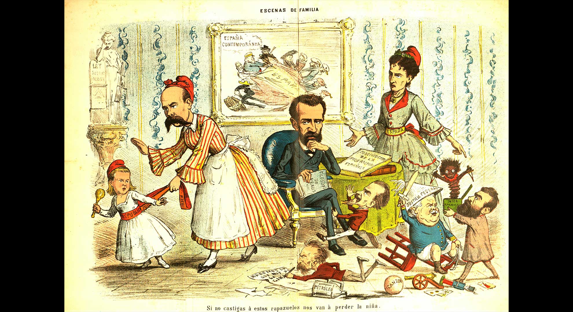 imatge Nicolás Salmerón es mira atònic l’estat del país. Va dimitir el 7 de setembre de 1873; encara no feia dos mesos que ocupava el càrrec. Personatges: 1. Emilio Castelar. 2. Nicolás Salmerón. 3. Roque Barcia. 4. El general Juan Contreras. Il·lustració publicada a La Flaca el 28 d’agost de 1873. Biblioteca de Catalunya