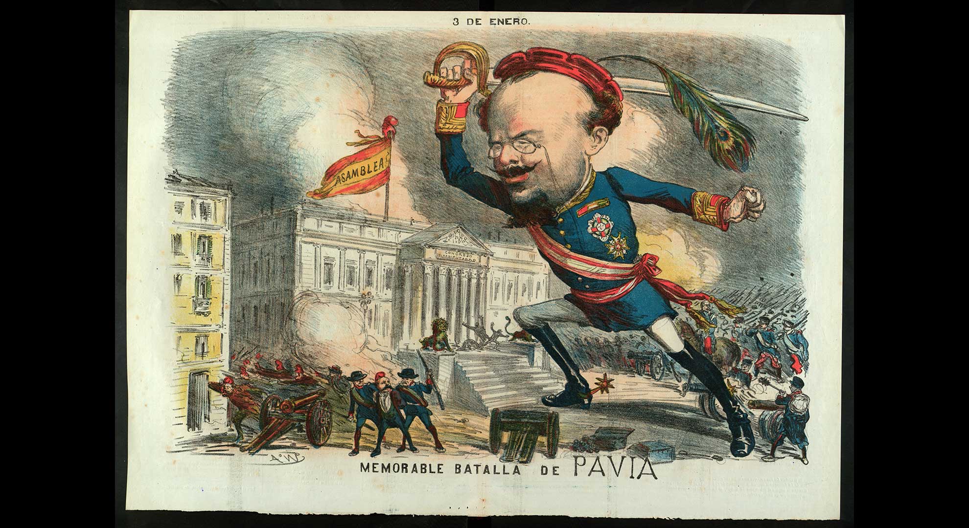 imatge El 3 de gener de 1874, el general Manuel Pavía donava un cop d’estat i dissolia les Corts tot just reinstaurades. Il·lustració publicada a La Madeja el 24 de gener de 1873. Biblioteca de Catalunya