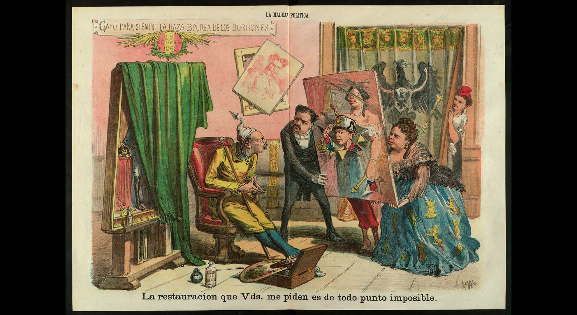 imatge Antonio Cánovas del Castillo i la reina Isabel exposen al dictador republicà Francisco Serrano la tria d’Alfons de Borbó com a nou monarca espanyol. Personatges: 1. Francisco Serrano. 2. Antonio Cánovas del Castillo. 3. Alfons XII. 4. Isabel II. 5. La República. La Madeja, 24 d’octubre de 1874. Biblioteca de Catalunya