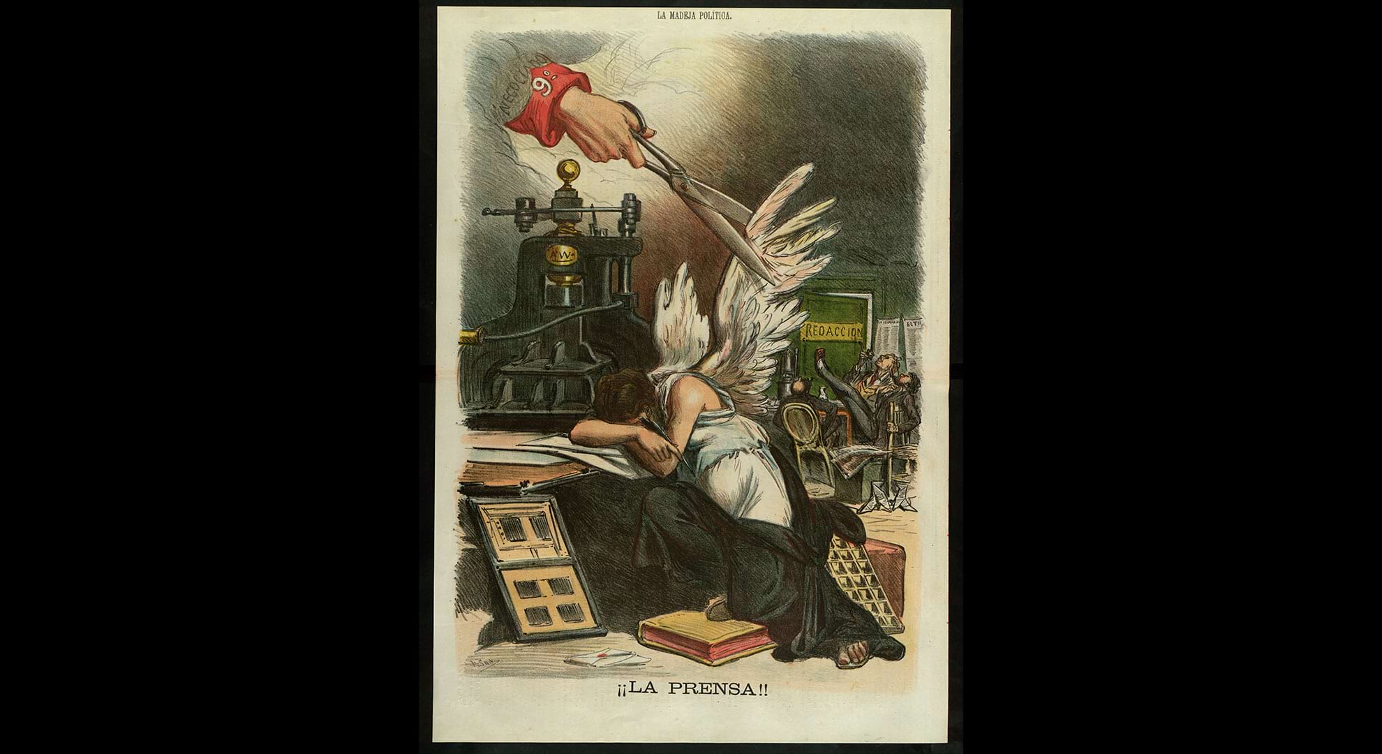 imatge El poder serranista perseguí i censurà la llibertat de premsa. Il·lustració publicada a La Madeja el 12 de desembre de 1874. Biblioteca de Catalunya