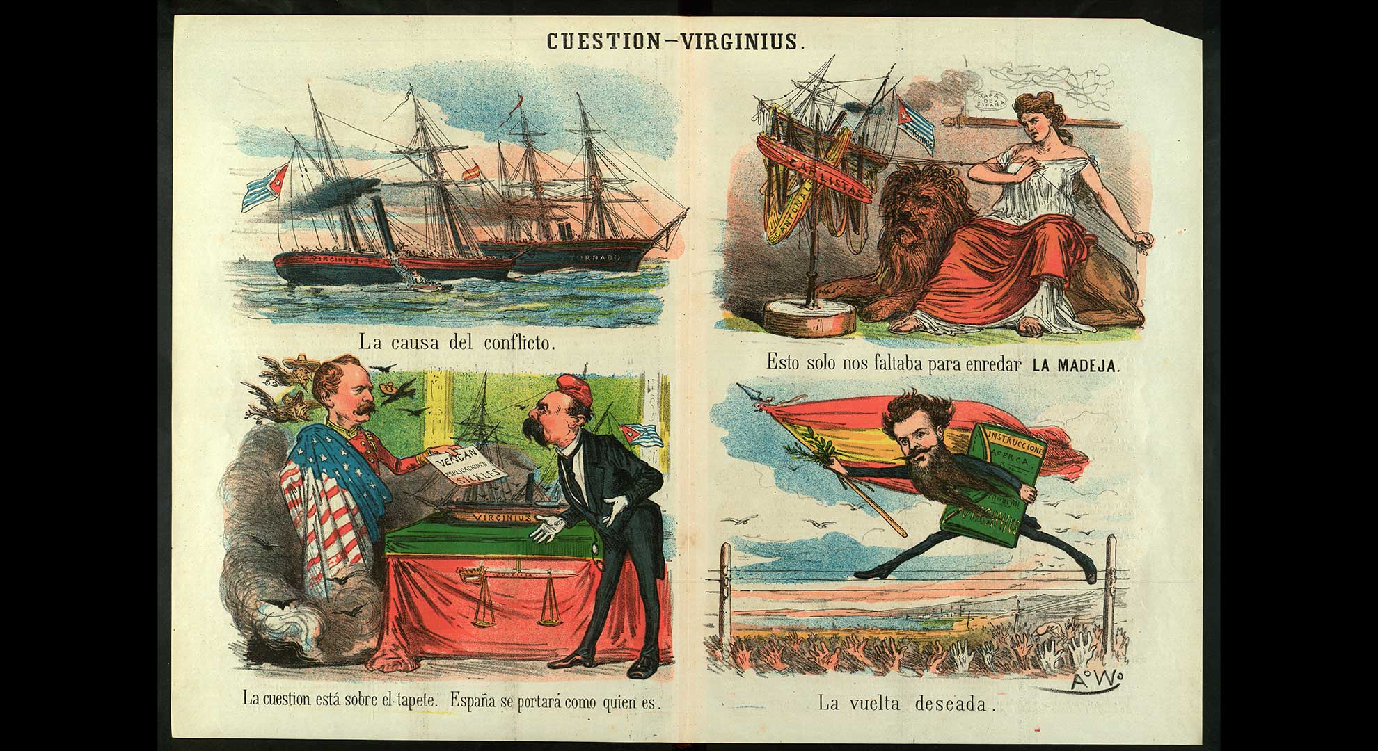 imatge L’afer del Virginius, el vaixell amb bandera dels EUA capturat per l’armada espanyola el 31 d’octubre de 1873, tractat en quatre vinyetes. A la vinyeta 3 hi trobem l’ambaixador nord-americà, Daniel Sickles, amb el president de la República, Emilio Castelar A la vinyeta 4 apareix Santiago Soler i Pla, ministre d’Ultramar. Il·lustració publicada a La Madeja el 29 de setembre de 1873. Biblioteca de Catalunya