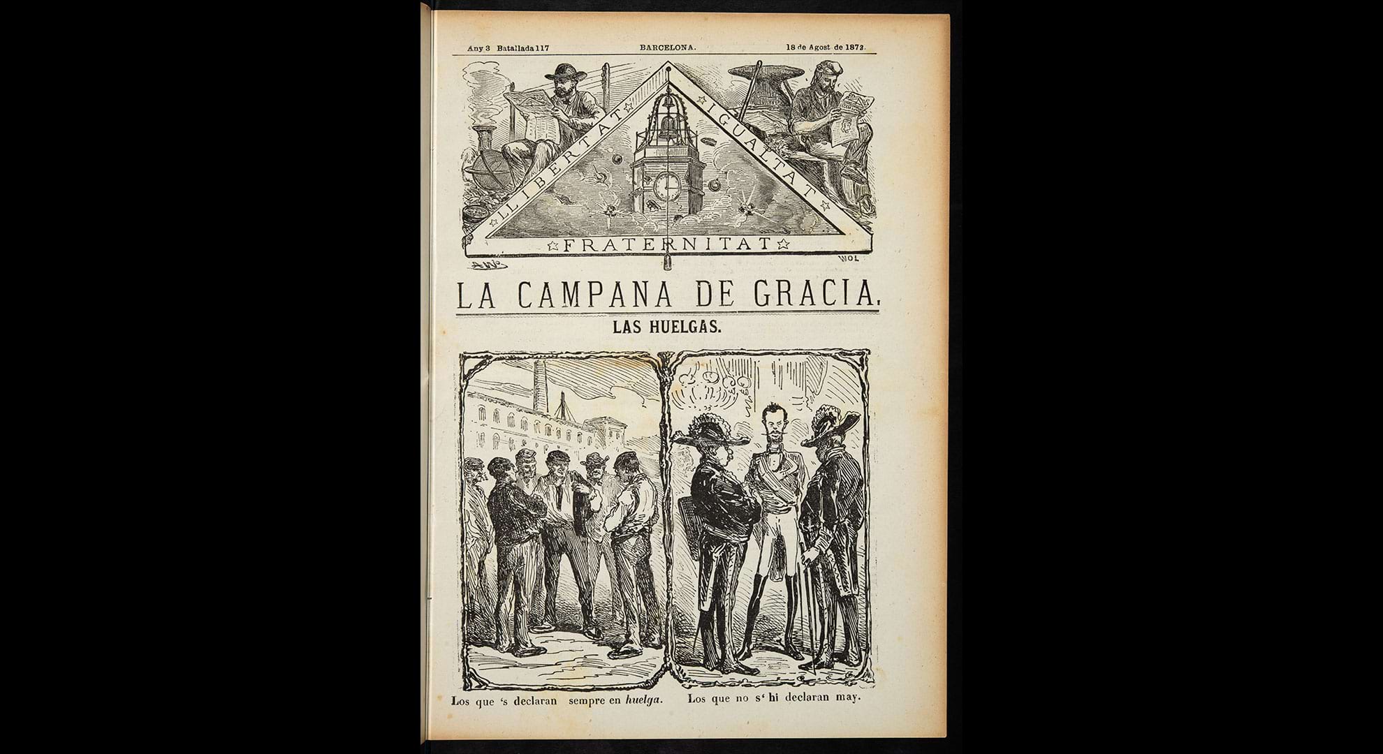 imatge Il·lustració satírica on es veuen els que fan vagues, els obrers, i els que no en fan mai, els militars. Publicat a La Campana de Gràcia el 18 d’agost de 1872. Biblioteca de Catalunya
