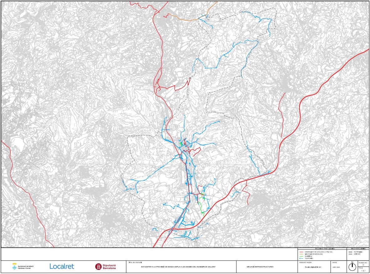 Situació de les infraestructures de Sallent, en funció de la titularitat de cada tram. Imatge: Diputació de Barcelona Situació de les infraestructures de Sallent, en funció de la titularitat de cada tram. Imatge: Diputació de Barcelona