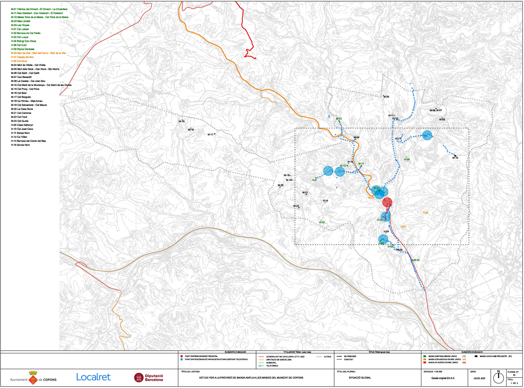 Situació de les infraestructures de Copons, en funció de la titularitat de cada tram. Imatge: Diputació de Barcelona Situació de les infraestructures de Copons, en funció de la titularitat de cada tram. Imatge: Diputació de Barcelona
