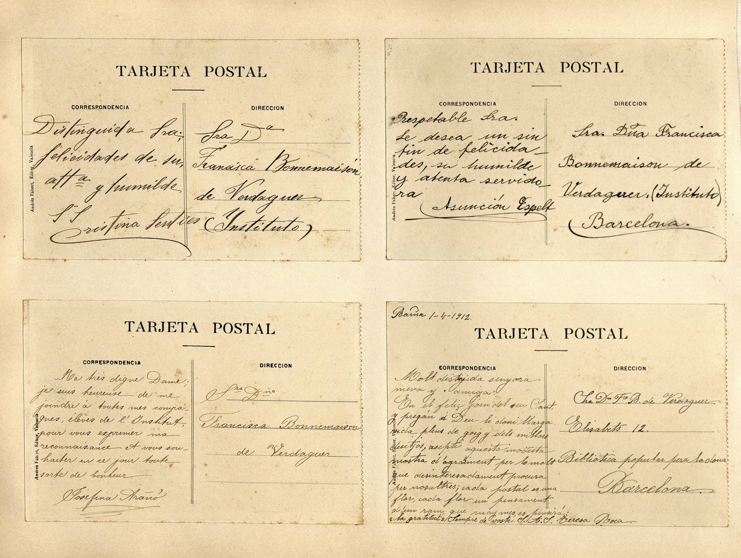 Targetes postals enviades a Francesca Bonnemaison, c. 1911-1912. Fons: Institut de Cultura i Biblioteca Popular de la Dona. (CAT AGDB 1