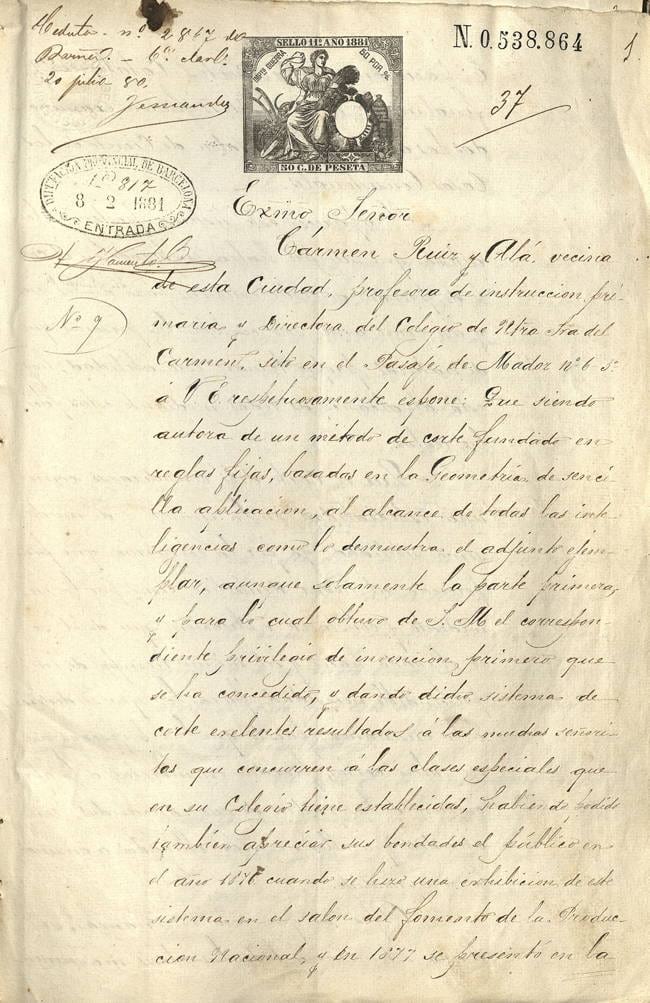 Sol·licitud de Carmen Ruiz i Alá a la Diputació Provincial en demanda d’una escola de tall, 1881. Fons: Diputació de Barcelona. (CAT AGDB 2279 exp.1)