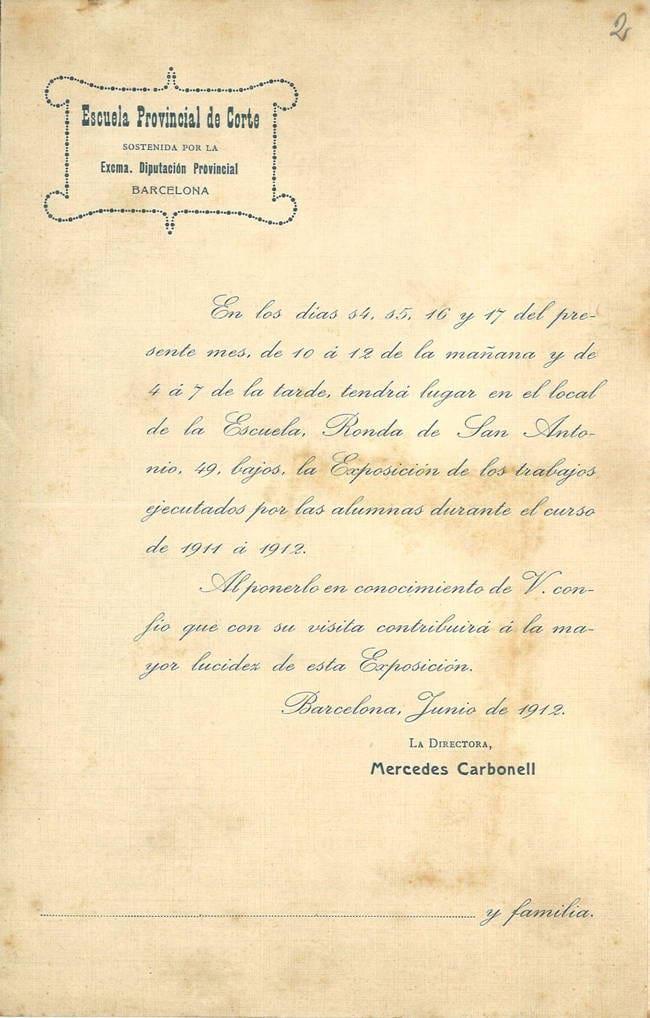 Comunicació de Mercè Carbonell a Francesca Bonnemaison amb motiu de l’exposició de les alumnes de l’Escola de Tall del curs 1911-1912, 1912. Fons: Institut de Cultura i Biblioteca Popular de la Dona. (CAT AGDB 79)